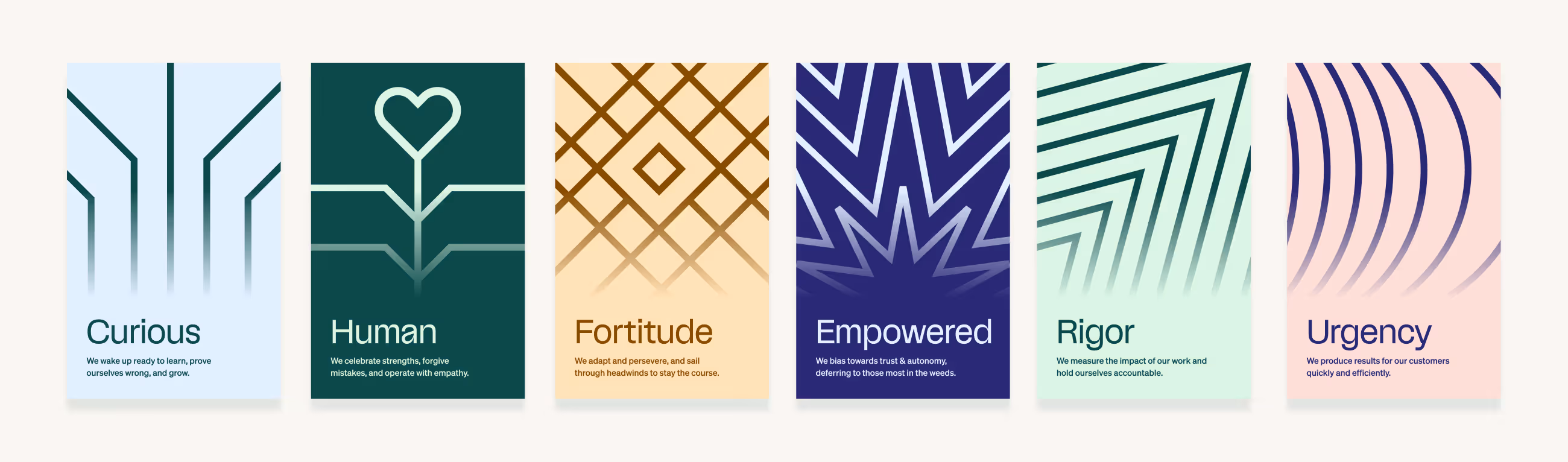 Six colorful panels displaying core values: Curious, Human, Fortitude, Empowered, Rigor, and Urgency, each with a unique abstract line design and a brief descriptive phrase.