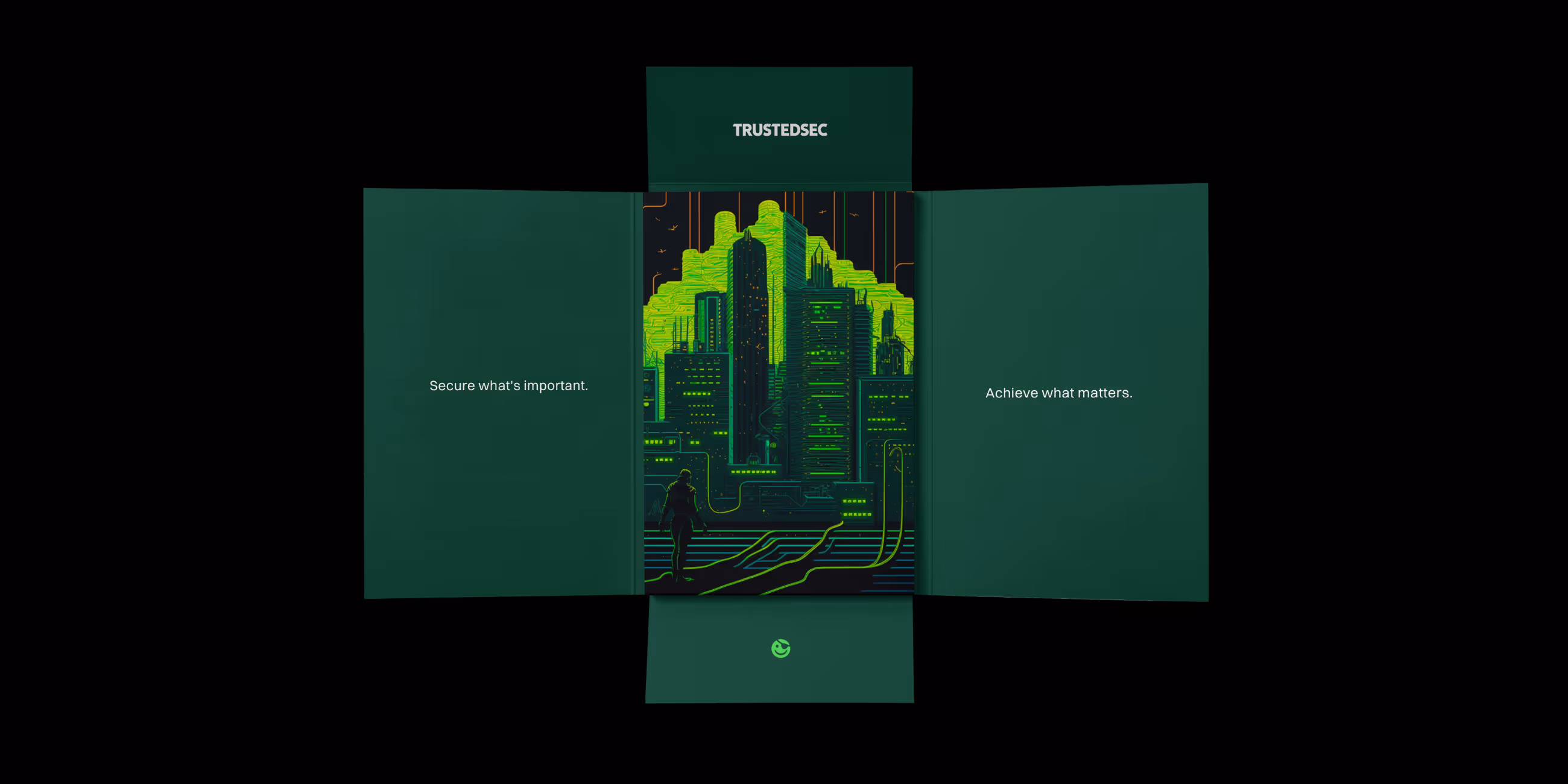 TrustedSec brochure with neon green cityscape illustration and text: 'Secure what's important.' and 'Achieve what matters.'
