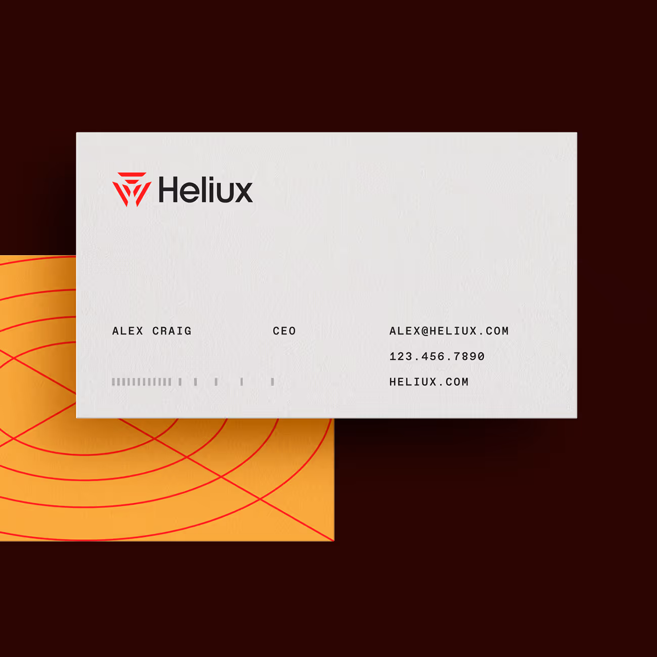 Business card for Heliox, featuring the Heliox logo, email alex@heliux.com, phone number, and website heliux.com on a white background with an abstract orange and red design behind it.
