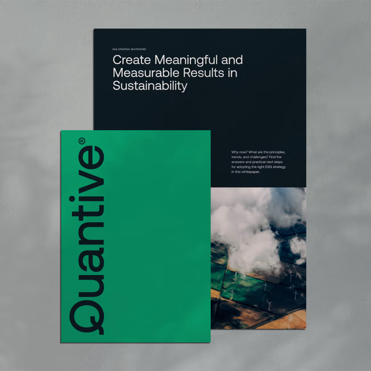 Cover of a report titled 'Create Meaningful and Measurable Results in Sustainability' with an aerial photo of wind turbines on farmland partially covered by clouds and a green overlay with the word 'Quantive'.