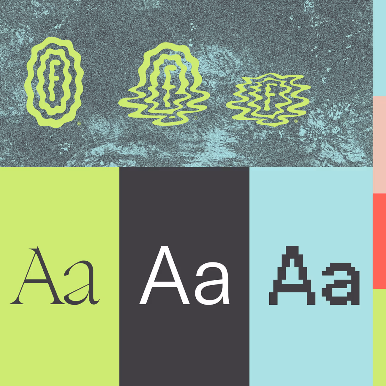 Three lime green logos with wavy outer shapes and letter F on a gray textured background, above three columns showing typography system.