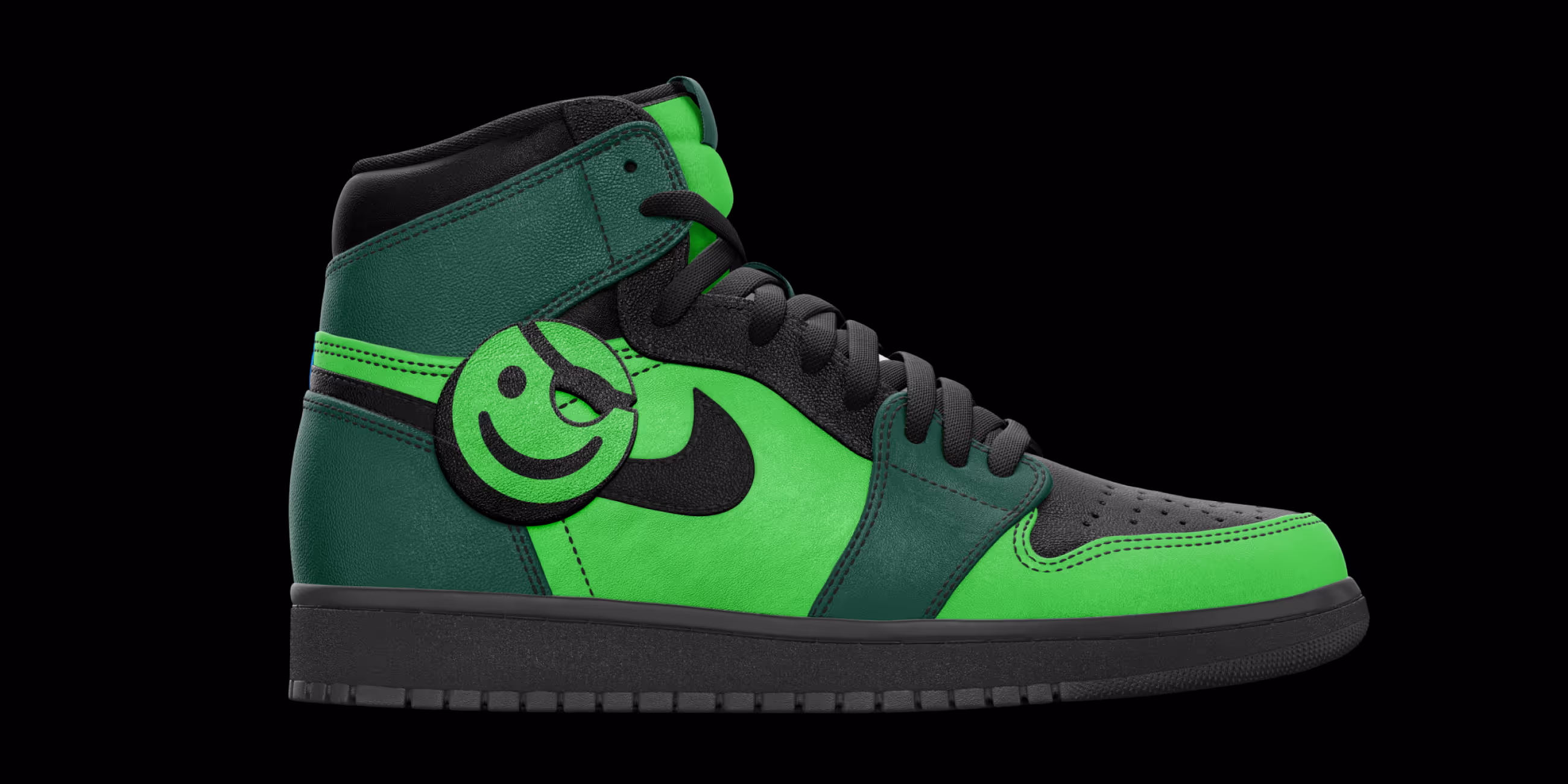 High-top sneaker in bright green and dark green with black laces and sole, featuring a black swoosh and a green smiley face charm with an eyepatch.