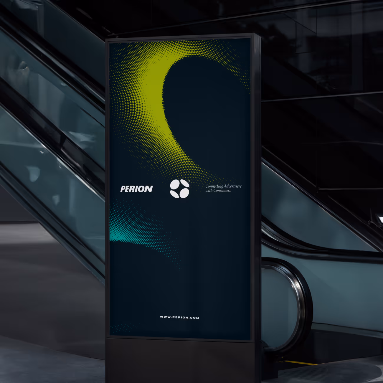 Digital signage with Perion logo, tagline 'Connecting Advertisers with Consumers,' and website www.perion.com next to an escalator.