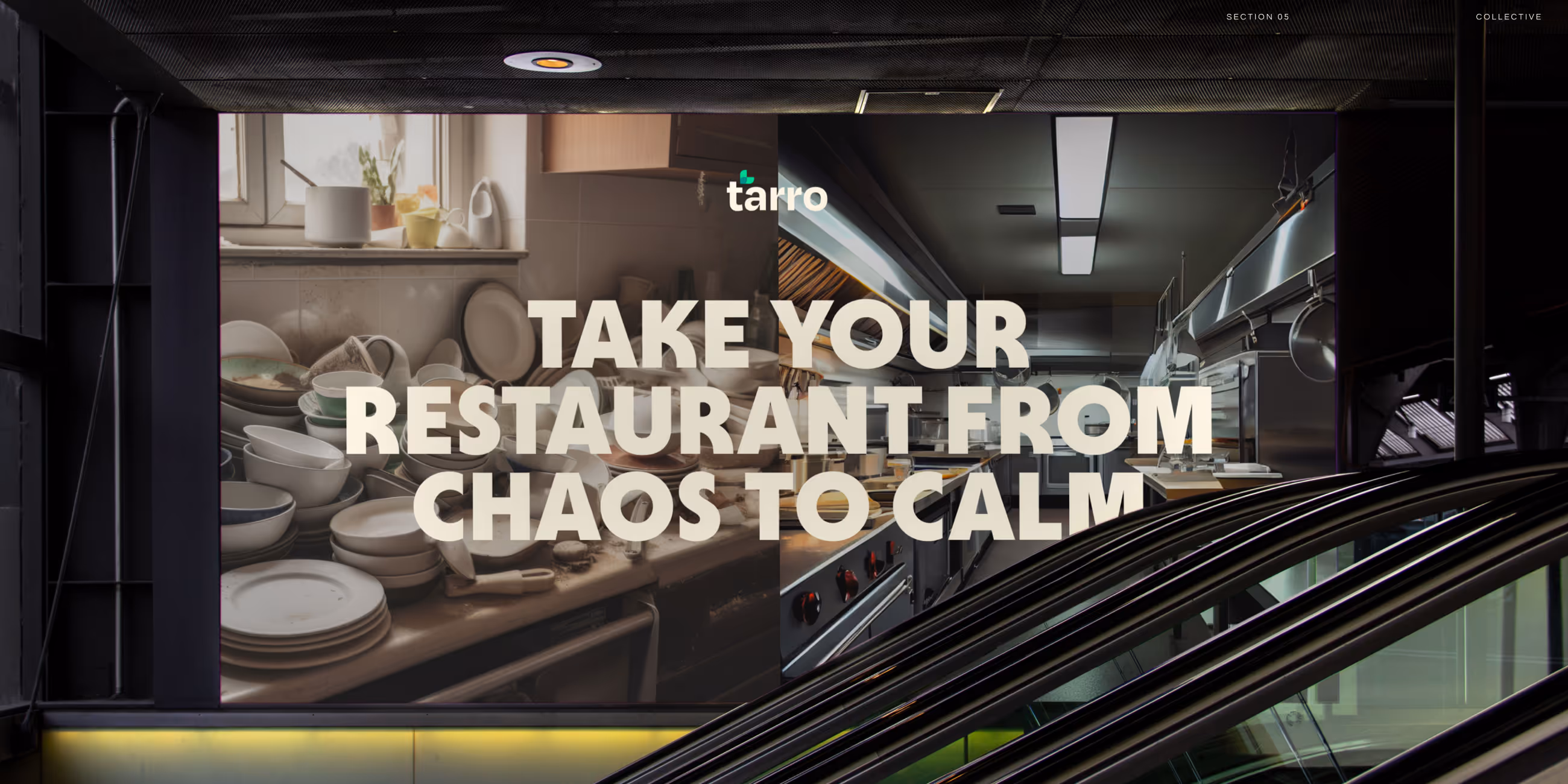Subway ad showing a split image of a cluttered kitchen with dirty dishes on the left and a clean, organized kitchen on the right with text: Take your restaurant from chaos to calm.