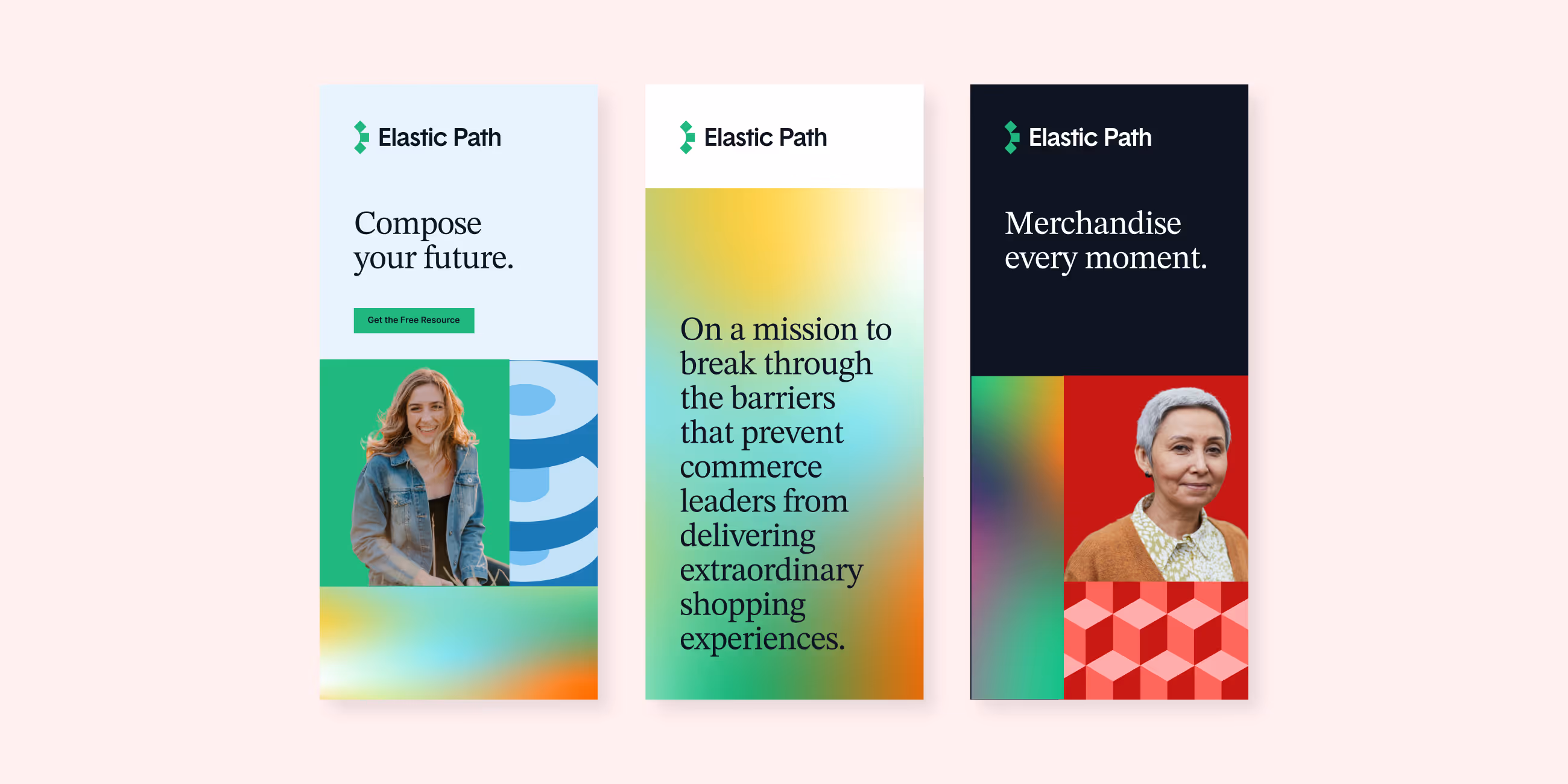 Three vertical banners side by side with Elastic Path logo