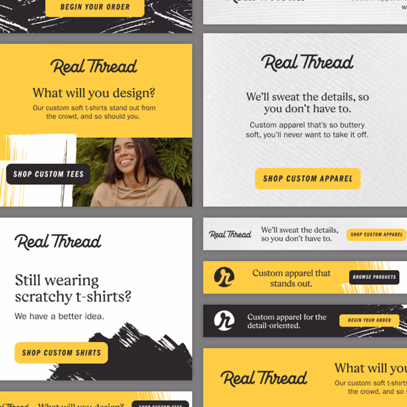 Collage of Real Thread ads promoting custom soft t-shirts and apparel with slogans like 'What will you design?' and buttons to shop custom tees, shirts, and apparel.