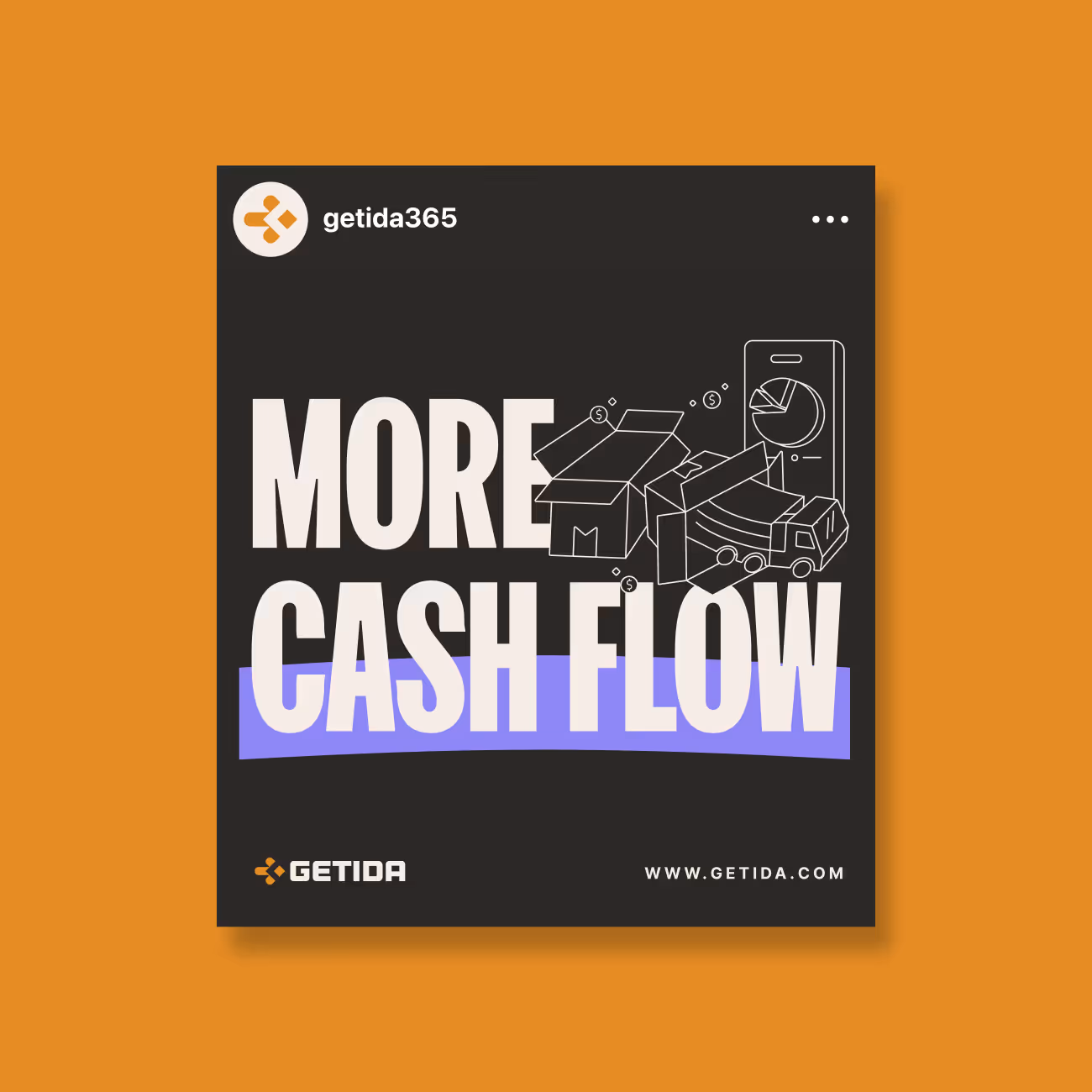 Graphic with text 'More Cash Flow' featuring outlined icons of boxes, a truck, and a pie chart on a dark background with purple highlight.