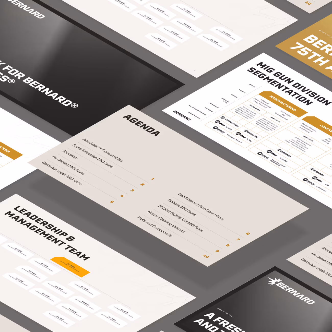 Slides from a Bernard presentation showing an agenda with topics like consumables, MIG guns, nozzle cleaning, and a leadership and management team chart.