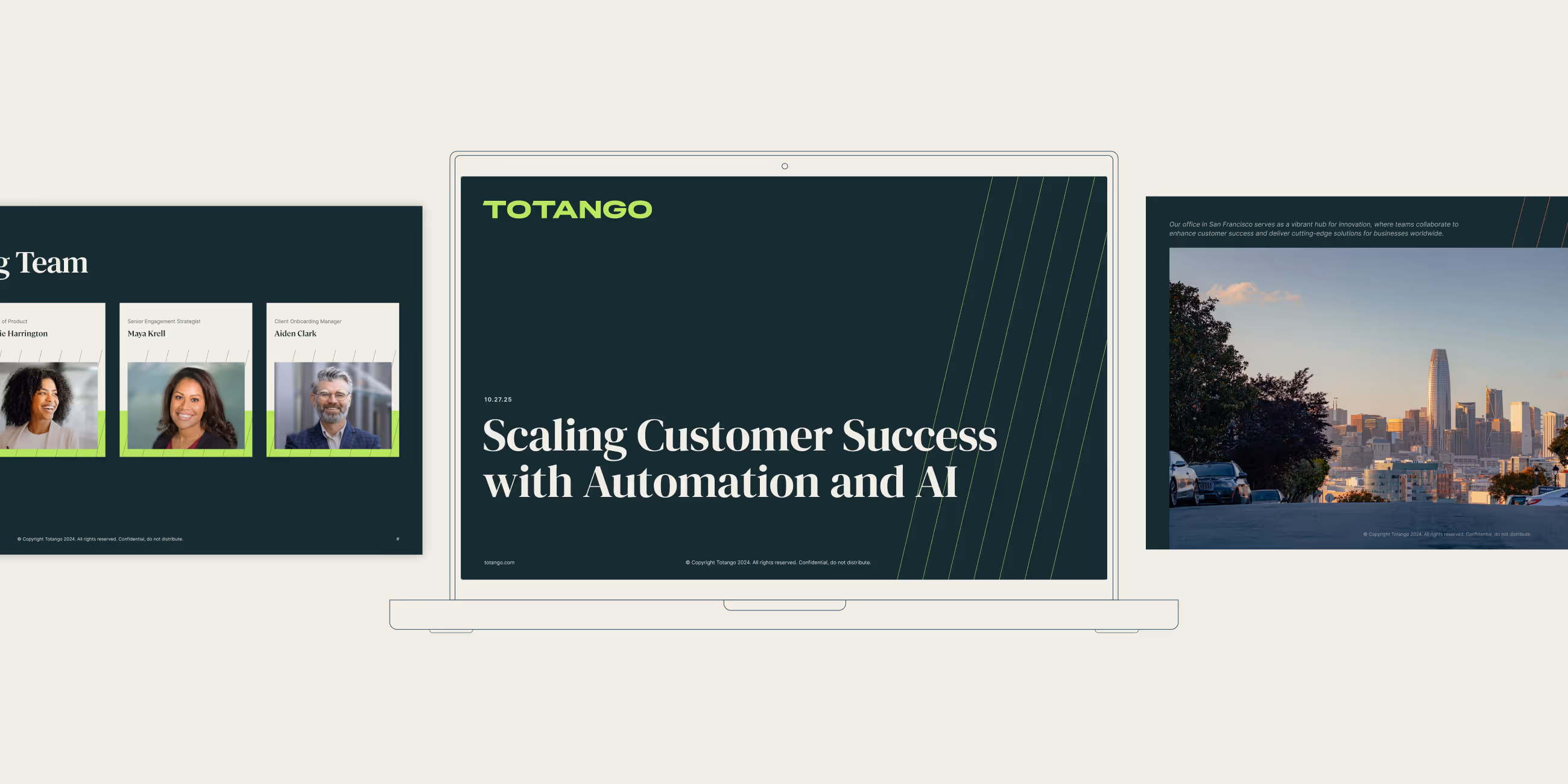 Presentation slides on a laptop screen titled 'Scaling Customer Success with Automation and AI' with team member photos and a San Francisco cityscape.