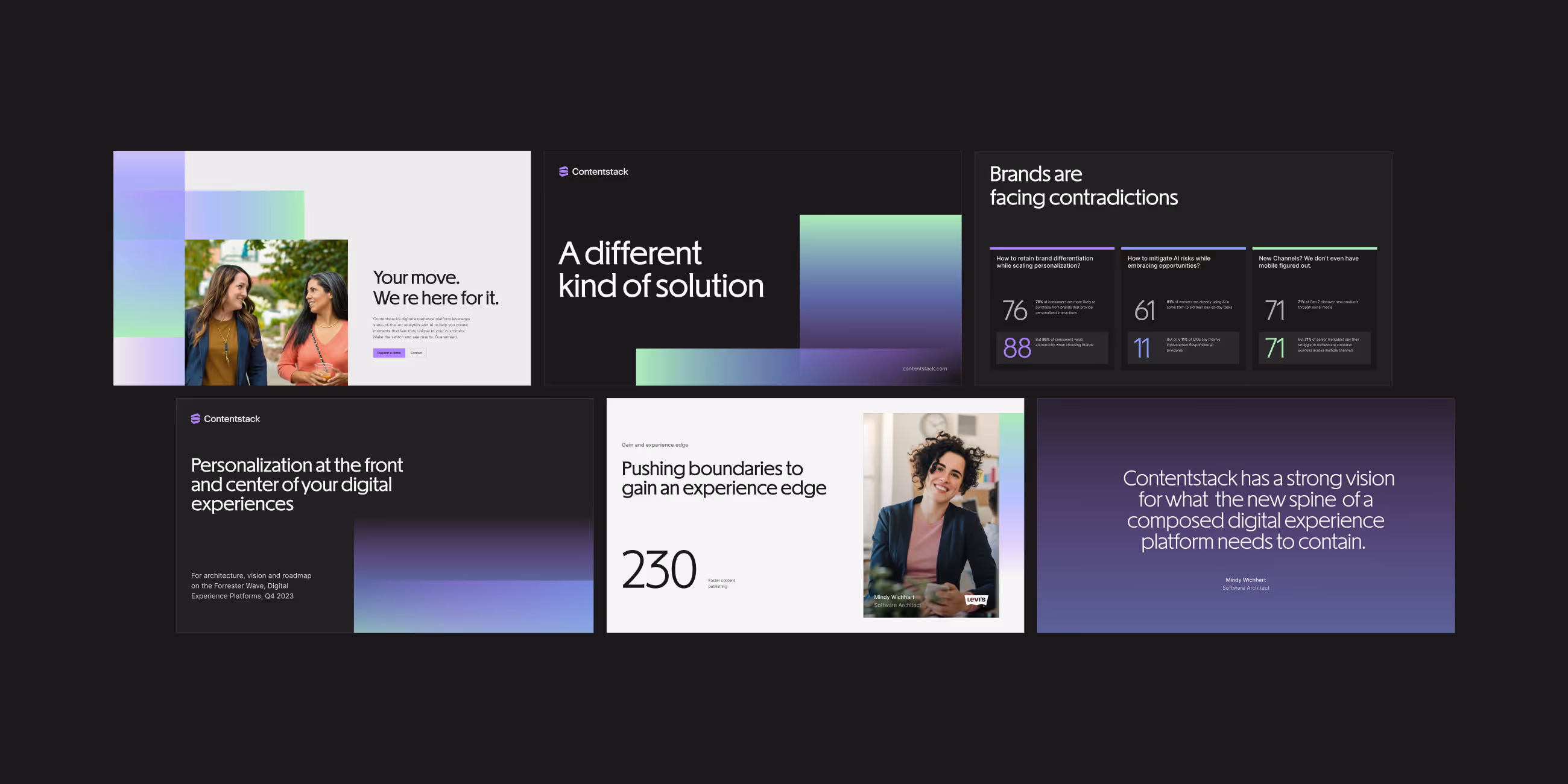 Collage of professional slides from Contentstack showcasing digital experience solutions, brand challenges, personalization, and a testimonial.