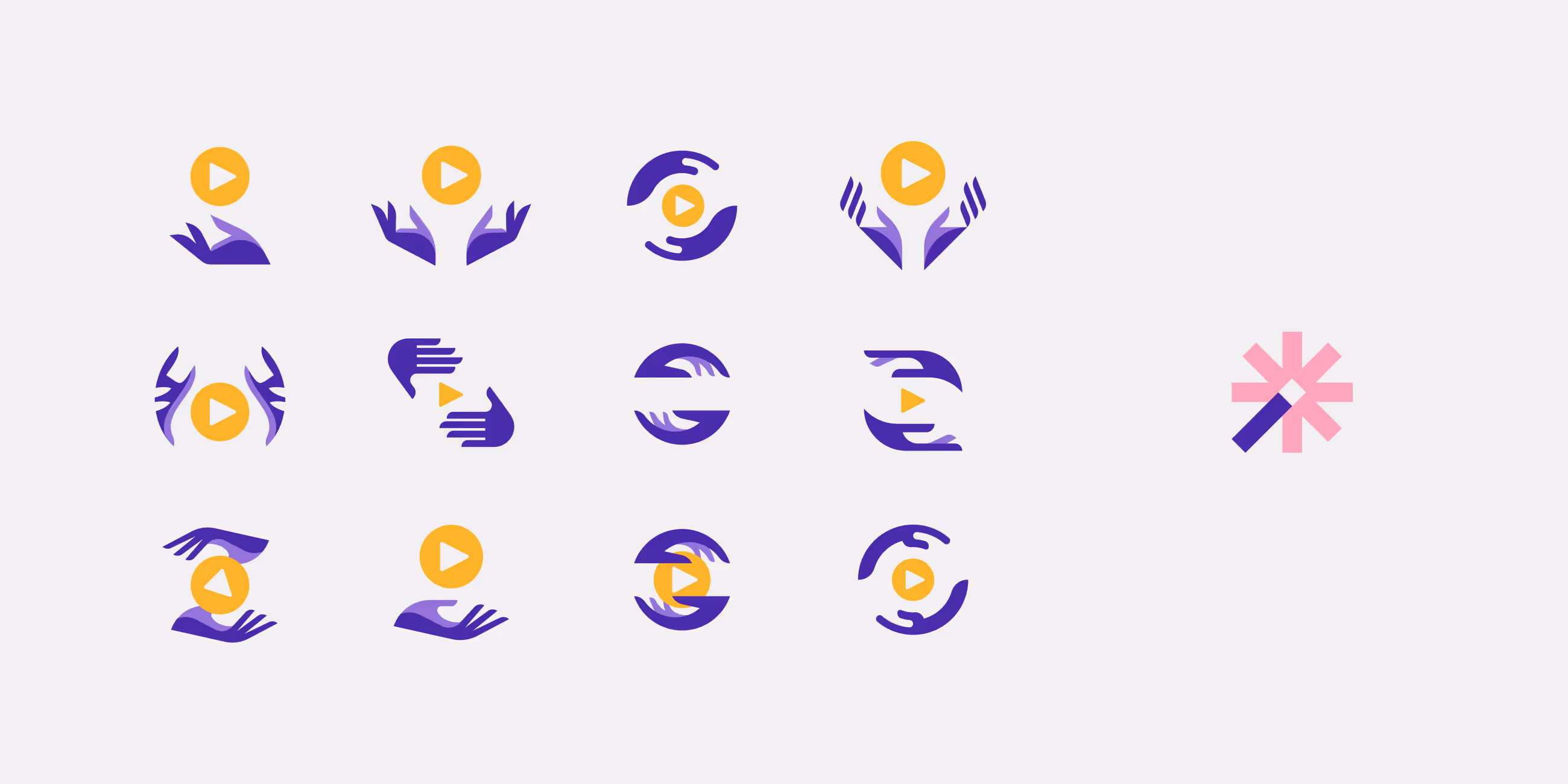 Grid of purple and orange icons featuring hands holding or surrounding play buttons, next to a pink and purple asterisk-like symbol on a light background.