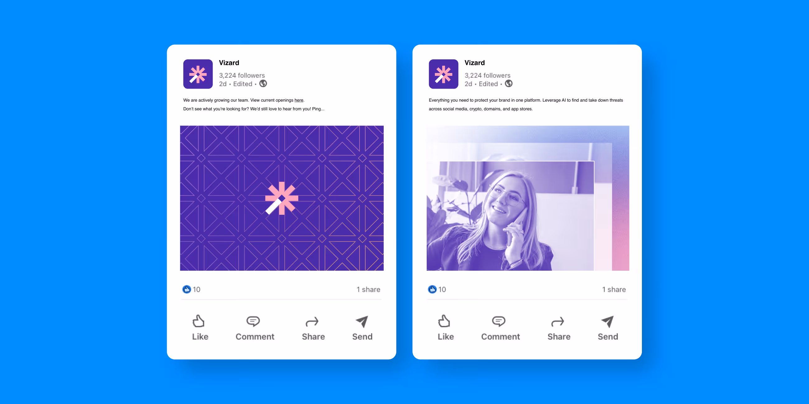 Two side-by-side social media posts from Vizard with purple branding; left post announces team growth with a geometric pattern image, right post shows a woman smiling while talking on the phone.