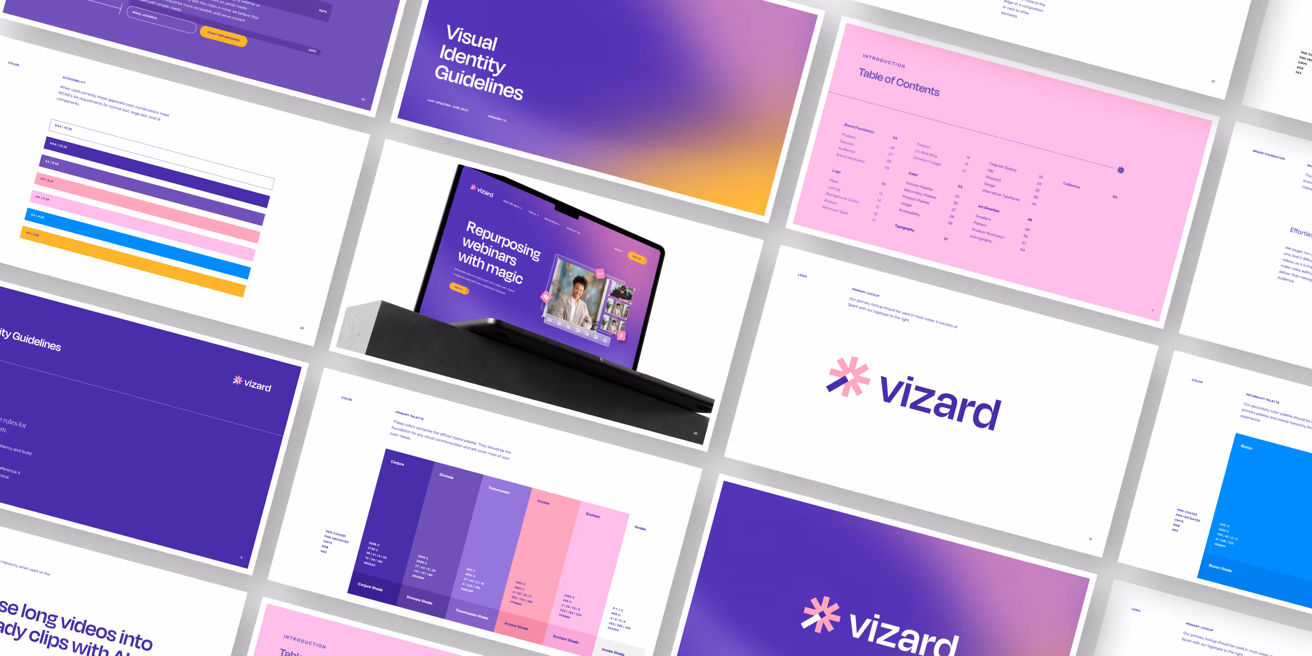 Grid of brand guideline slides showing Vizard's visual identity including logo, color palette, typography, and website interface.