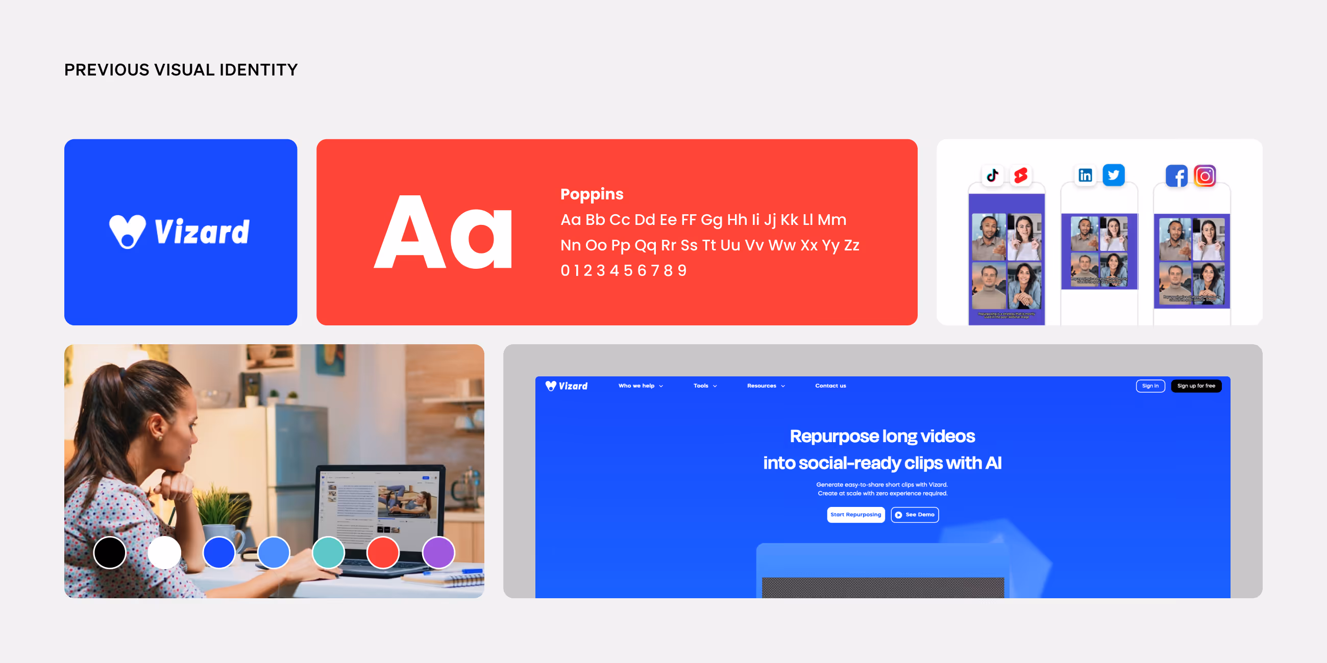 Collage showing previous visual identity with Vizard logo on blue background, Poppins font alphabet samples on red background, social media apps with video thumbnails, woman working on laptop, and website homepage with blue theme.