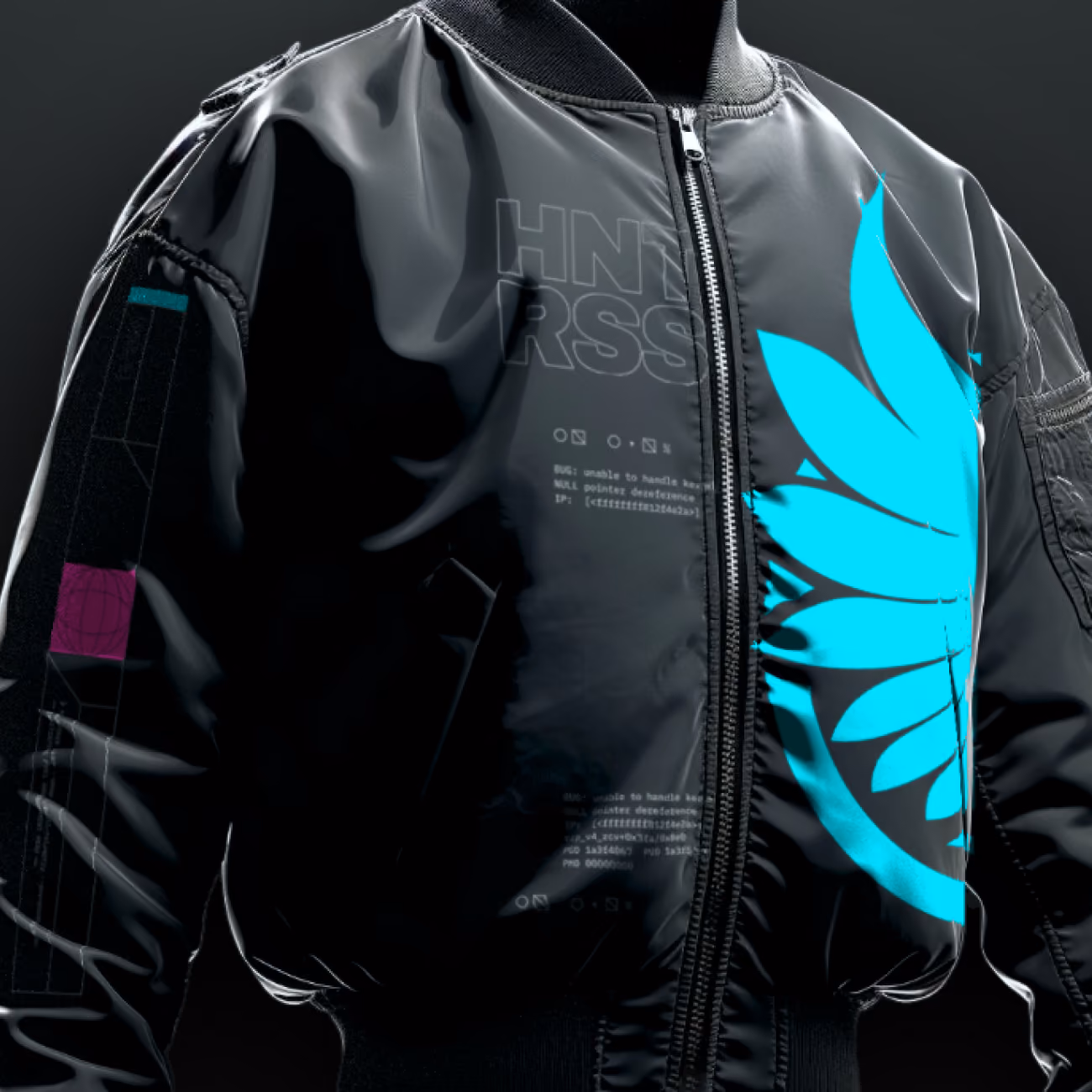 A bomber jacket with the Huntress logo