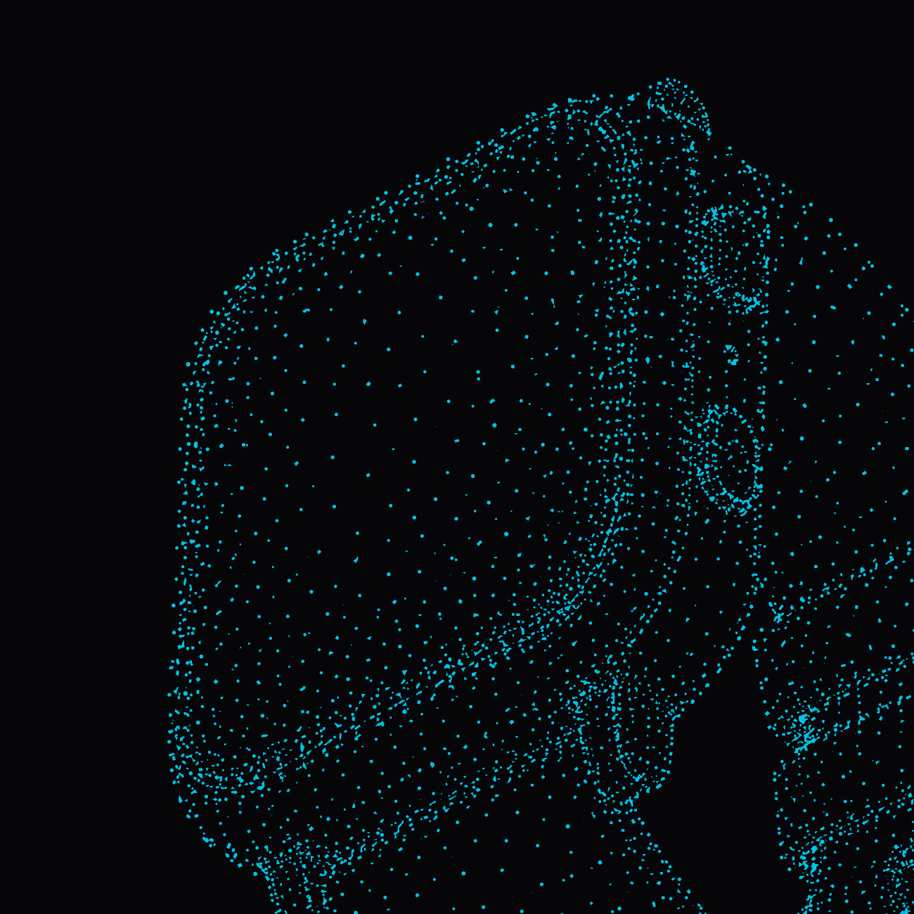 Blue digital dots forming the shape of a human hand on a black background.