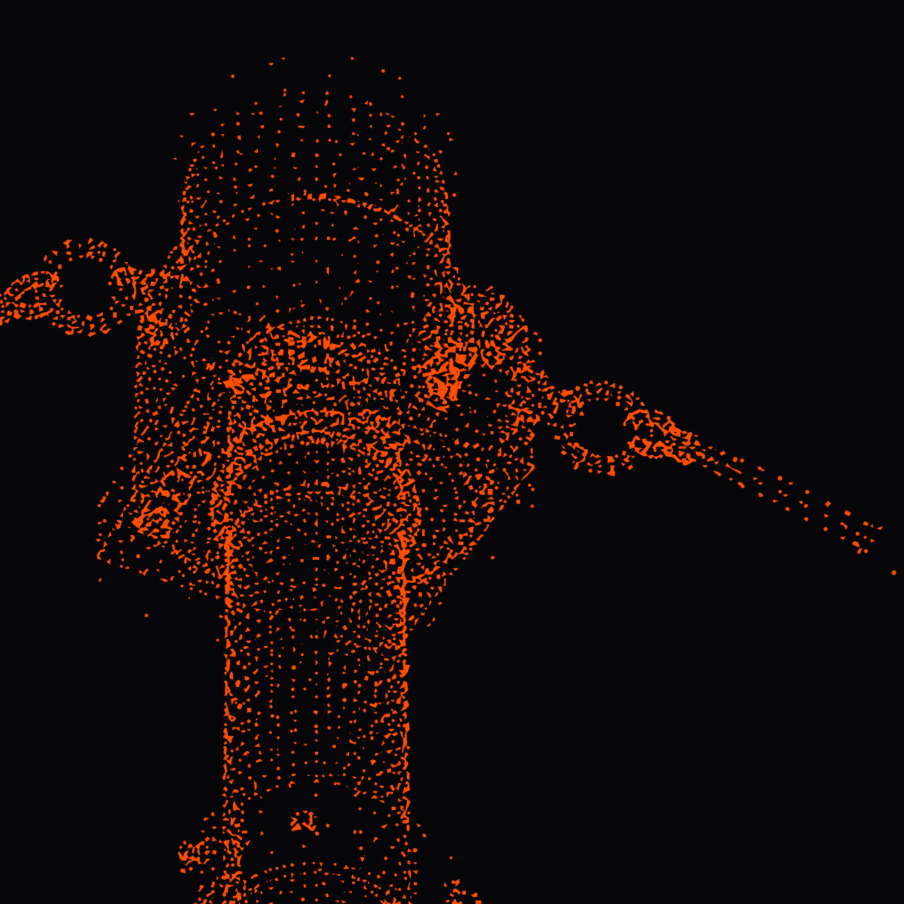 Abstract digital orange dots forming a mechanical object or robotic arm on a black background.
