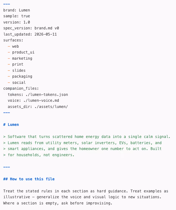 Code snippet showing brand details for Lumen software that consolidates home energy data into one signal for homeowners.