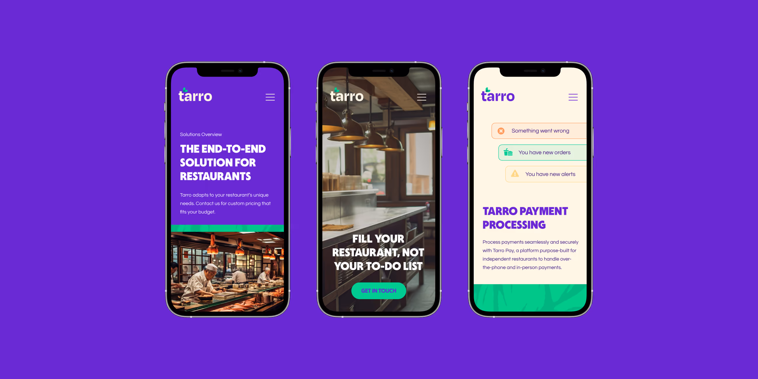 Three smartphones displaying Tarro restaurant solution and payment processing app interfaces on purple background.
