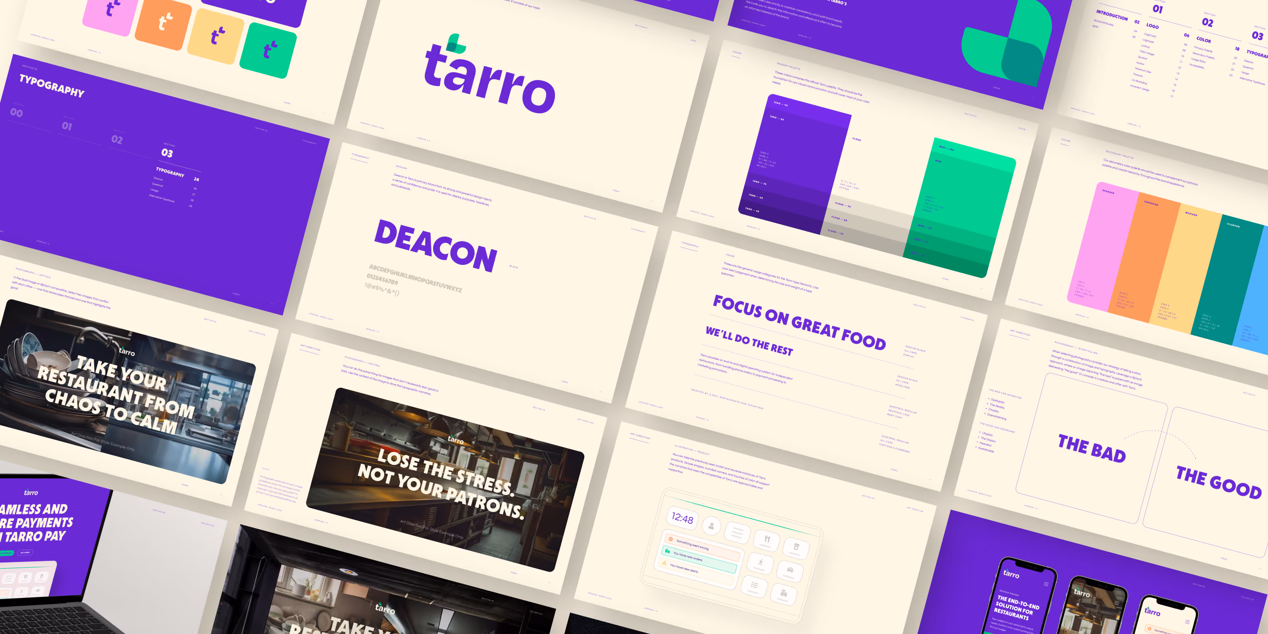 Grid of design guideline pages with Tarro logo, typography, color swatches, and app screen mockups.