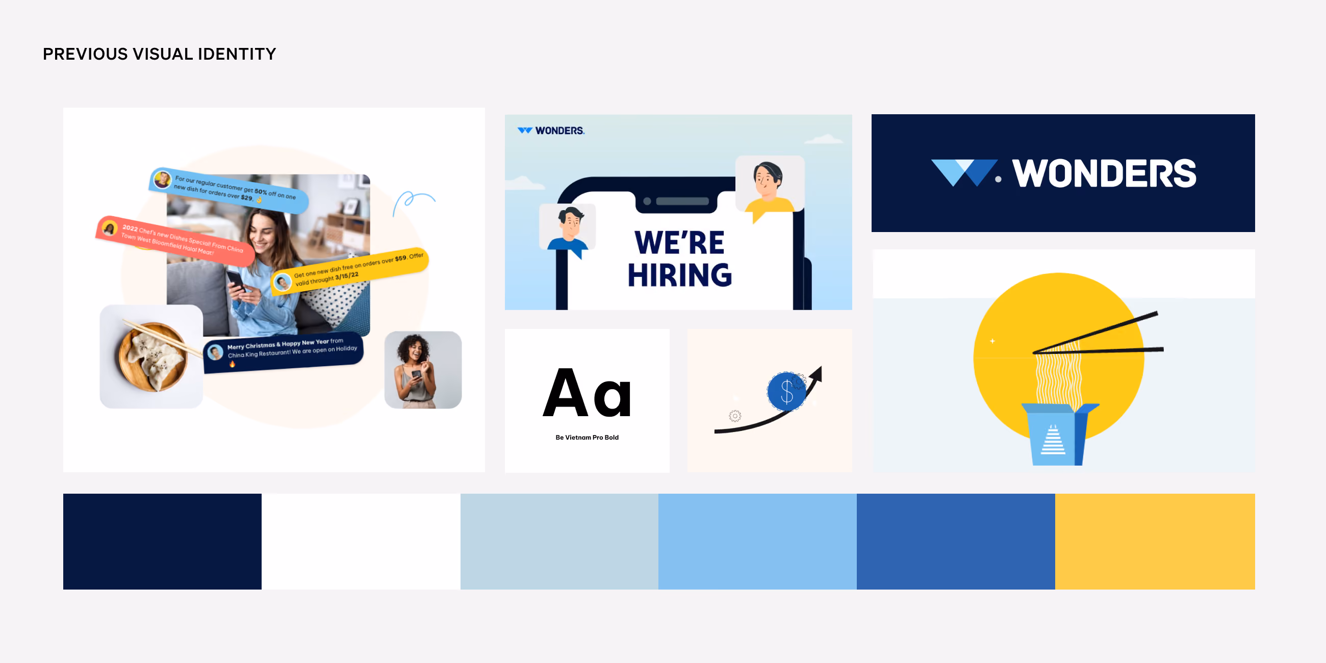 Collage showing previous visual identity with logo, hiring ad, typographic style, and color palette samples.
