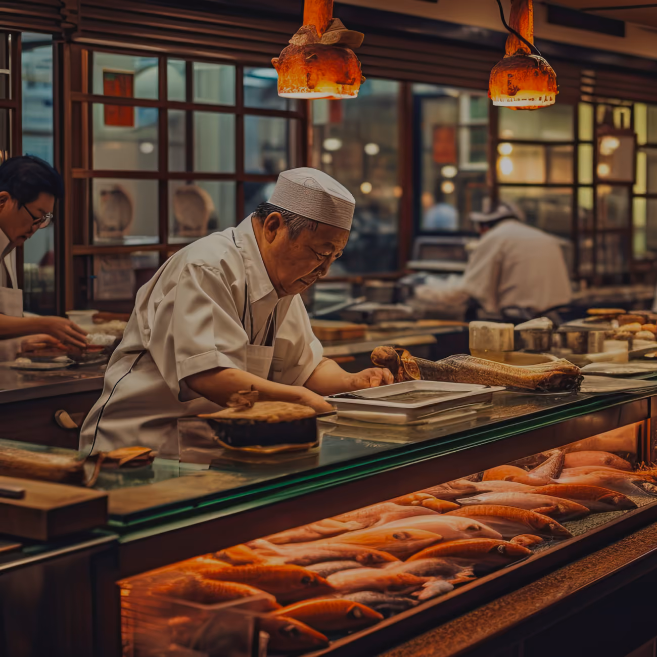 Fish market with chefs preparing seafood behind a glass display of various fresh fish.