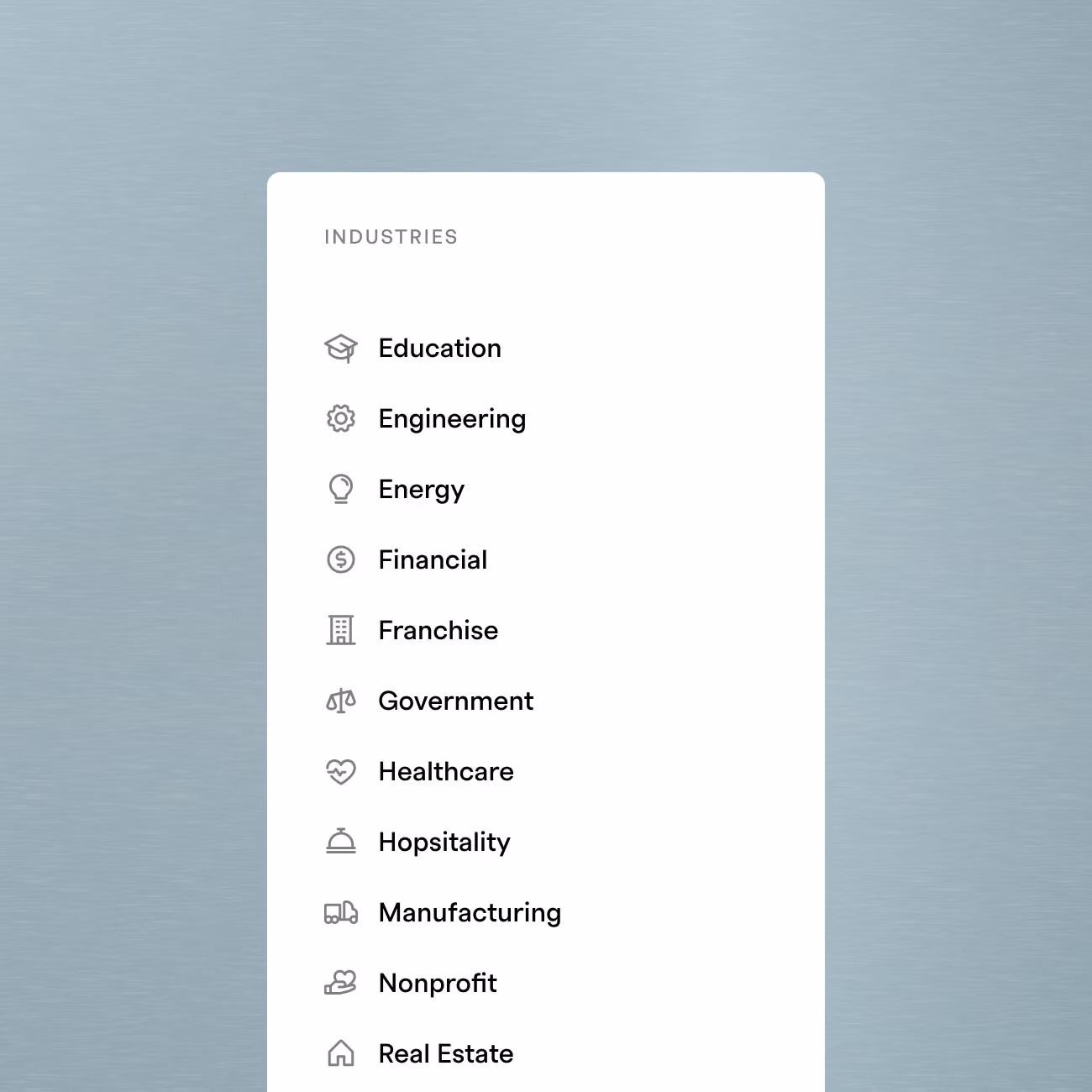 List of industries with icons including Education, Engineering, Energy, Financial, Franchise, Government, Healthcare, Hospitality, Manufacturing, Nonprofit, and Real Estate on a white card over a blue background.