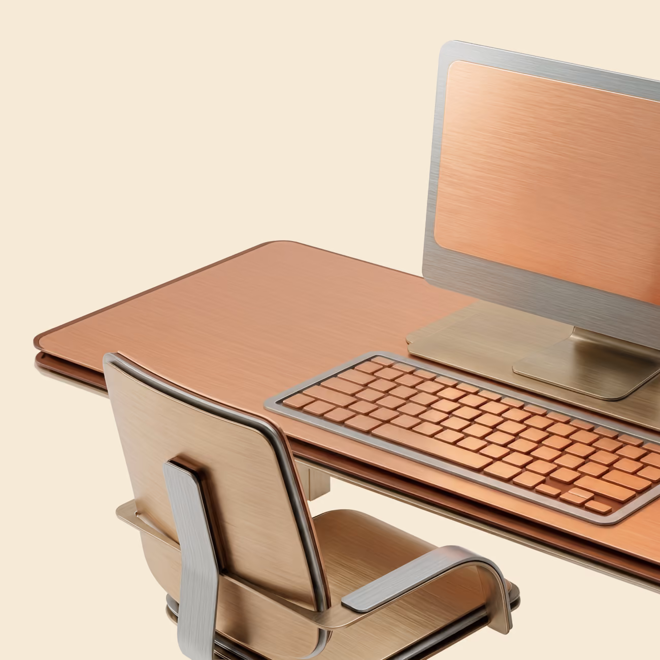 Minimalist desk setup with a metallic chair, wooden desktop, and a computer with a copper-colored screen and matching keyboard.