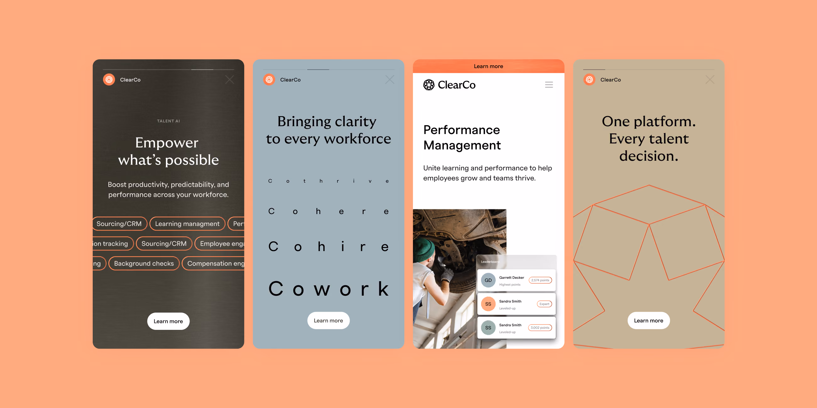 Four ClearCo app interface screens on a peach background showing features: empowering workforce with sourcing and background checks, bringing clarity to workforce with the word Cowork highlighted, performance management with employee task view, and one platform for every talent decision with a network diagram.