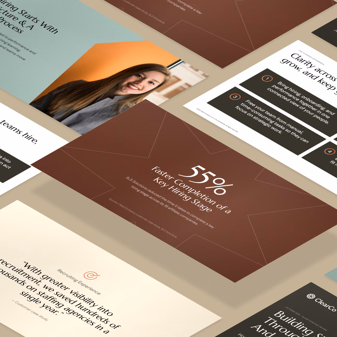 A layout of infographic panels featuring hiring process statistics and quotes, including '55% Faster Completion of a Key Hiring Stage' on a brown background, a smiling woman on a blue and orange background, and tips on clarity across hiring stages.
