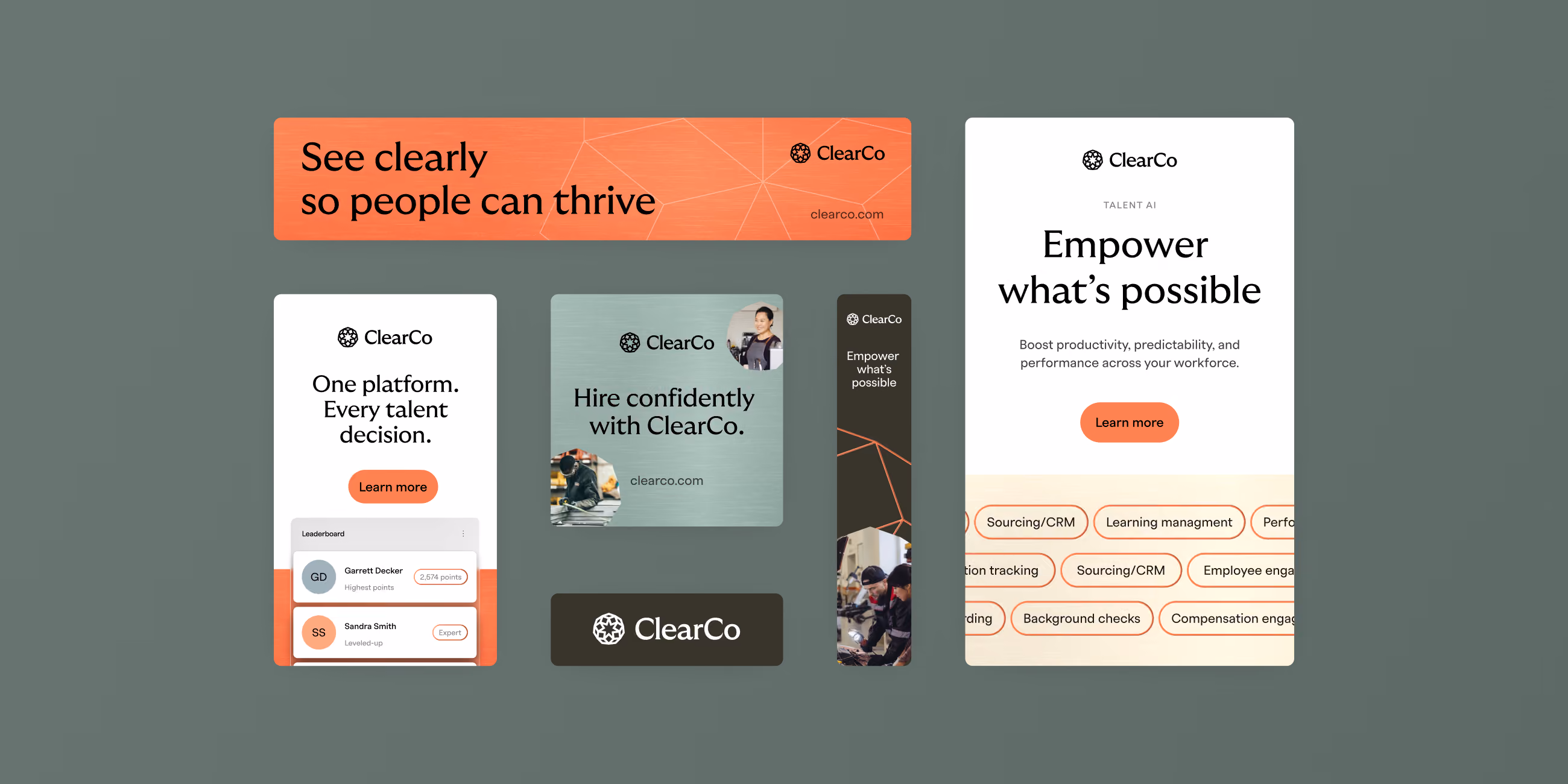 Advertising banners for ClearCo featuring the slogans: 'See clearly so people can thrive,' 'One platform. Every talent decision,' and 'Hire confidently with ClearCo.' One banner states 'Empower what's possible' to boost workforce productivity, displaying tags like Sourcing/CRM, Learning management, and Compensation engagement.
