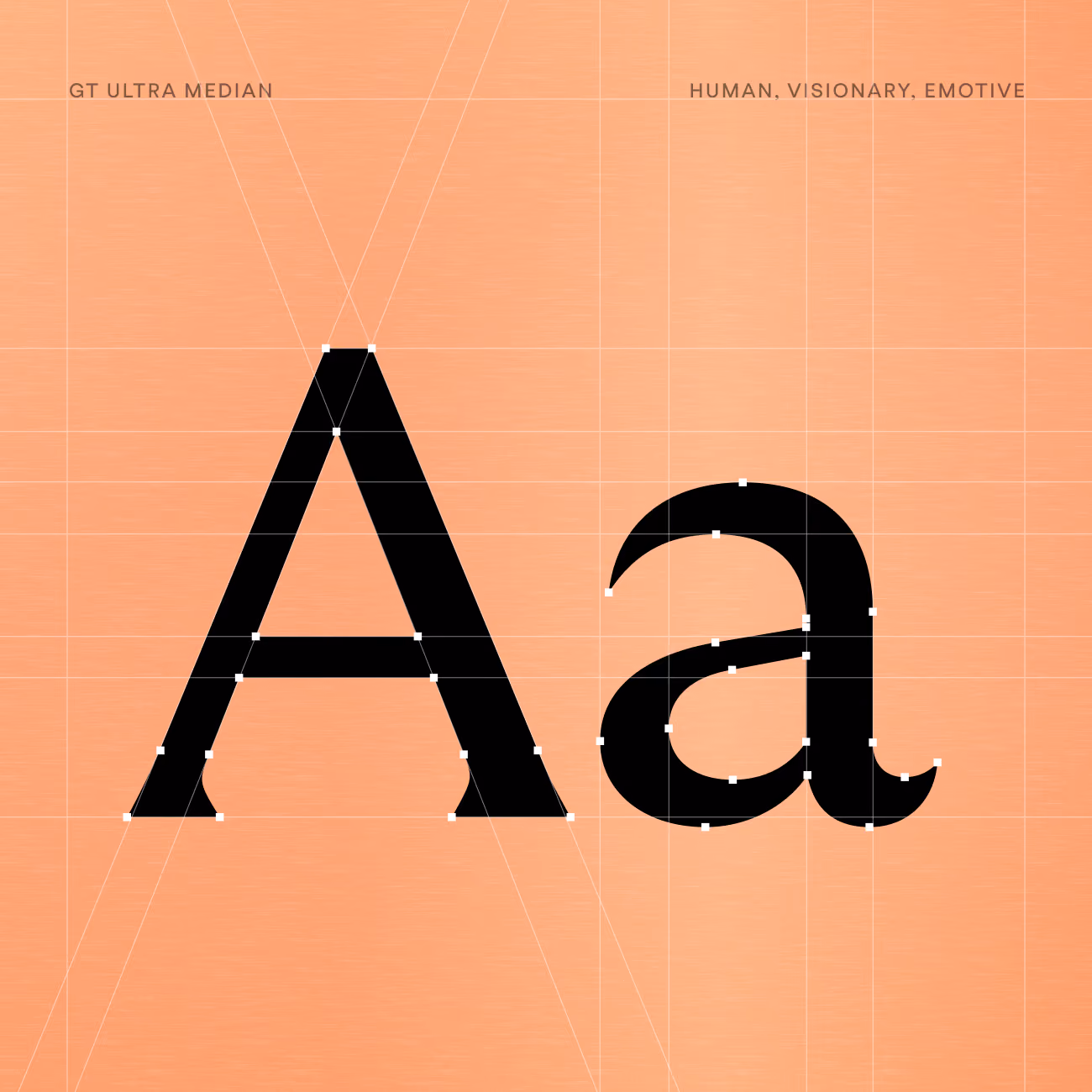 Black uppercase and lowercase letter A in GT Ultra Median typeface with visible vector editing points and peach background, labeled 'GT Ultra Median' on left and 'Human, Visionary, Emotive' on right.