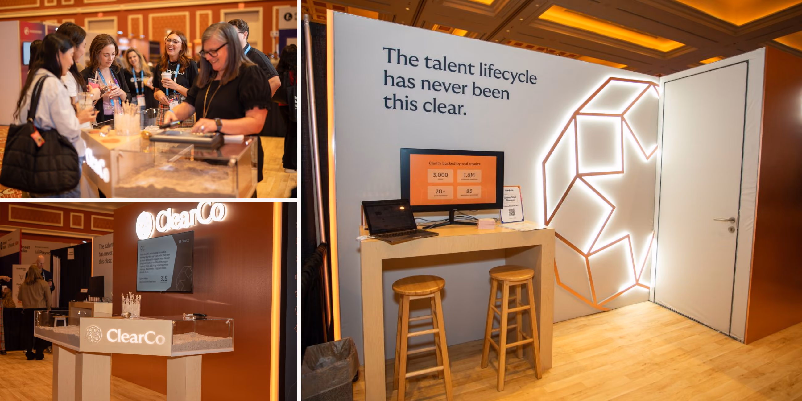 Collage of three photos from a ClearCo event: top left shows a group of women talking and enjoying drinks at a bar counter; bottom left shows a ClearCo branded display booth with products and informational materials; right side shows a ClearCo exhibit booth with a lit geometric design on the wall, two wooden stools, a lounge-style desk with a laptop and informational flyers, and a screen displaying talent-related metrics under the heading 'The talent lifecycle has never been this clear.'