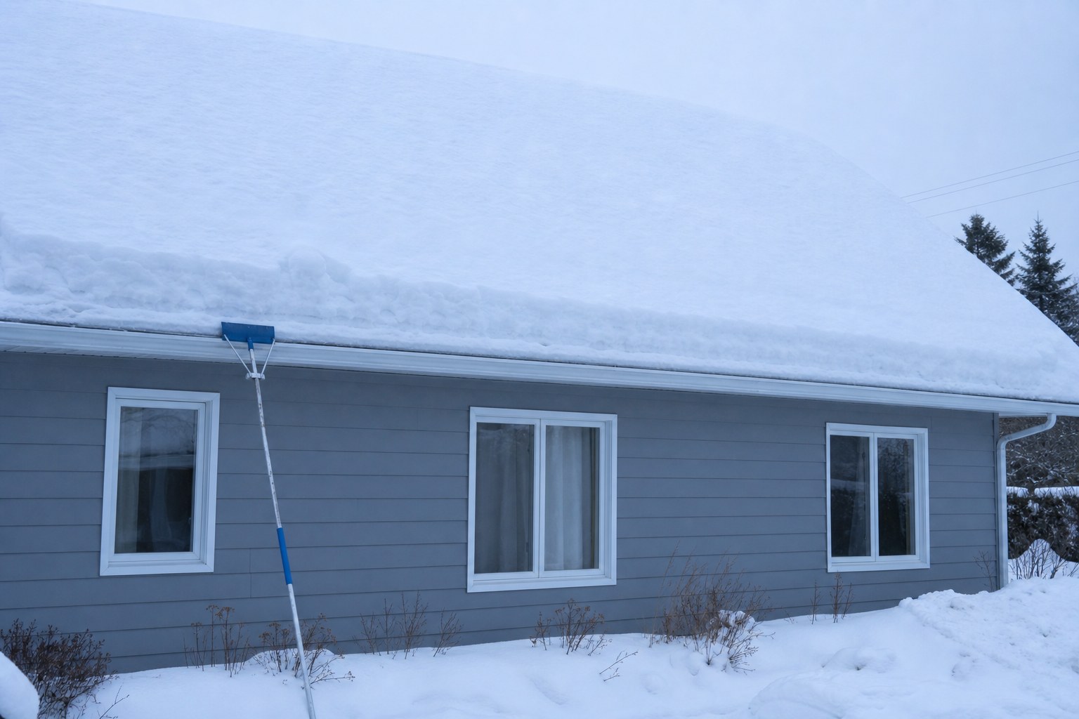 Épaisse accumulation de neige sur un toit à faible pente après une tempête au Québec
