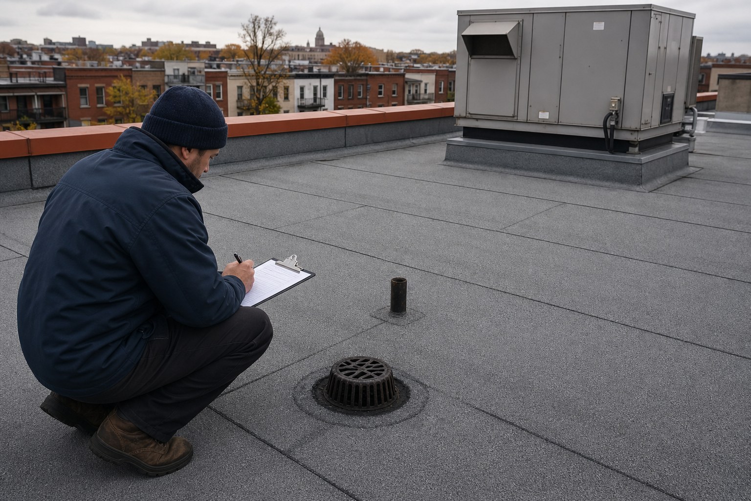 Technicien qui inspecte une membrane élastomère sur un toit plat de Montréal