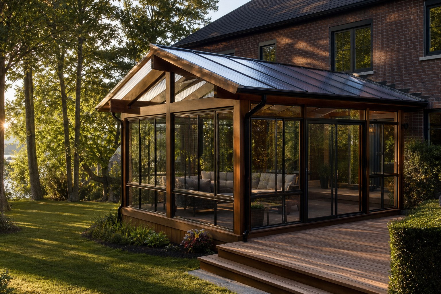 Véranda vitrée adossée à une maison de brique québécoise, couverte de panneaux de polycarbonate sur charpente de bois.