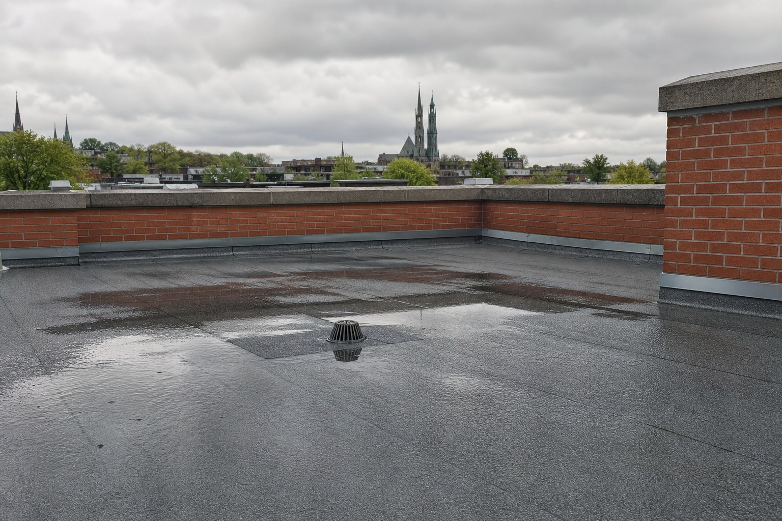 Toit plat de duplex montréalais recouvert d'une membrane élastomère granulée, drain central et parapet de brique.