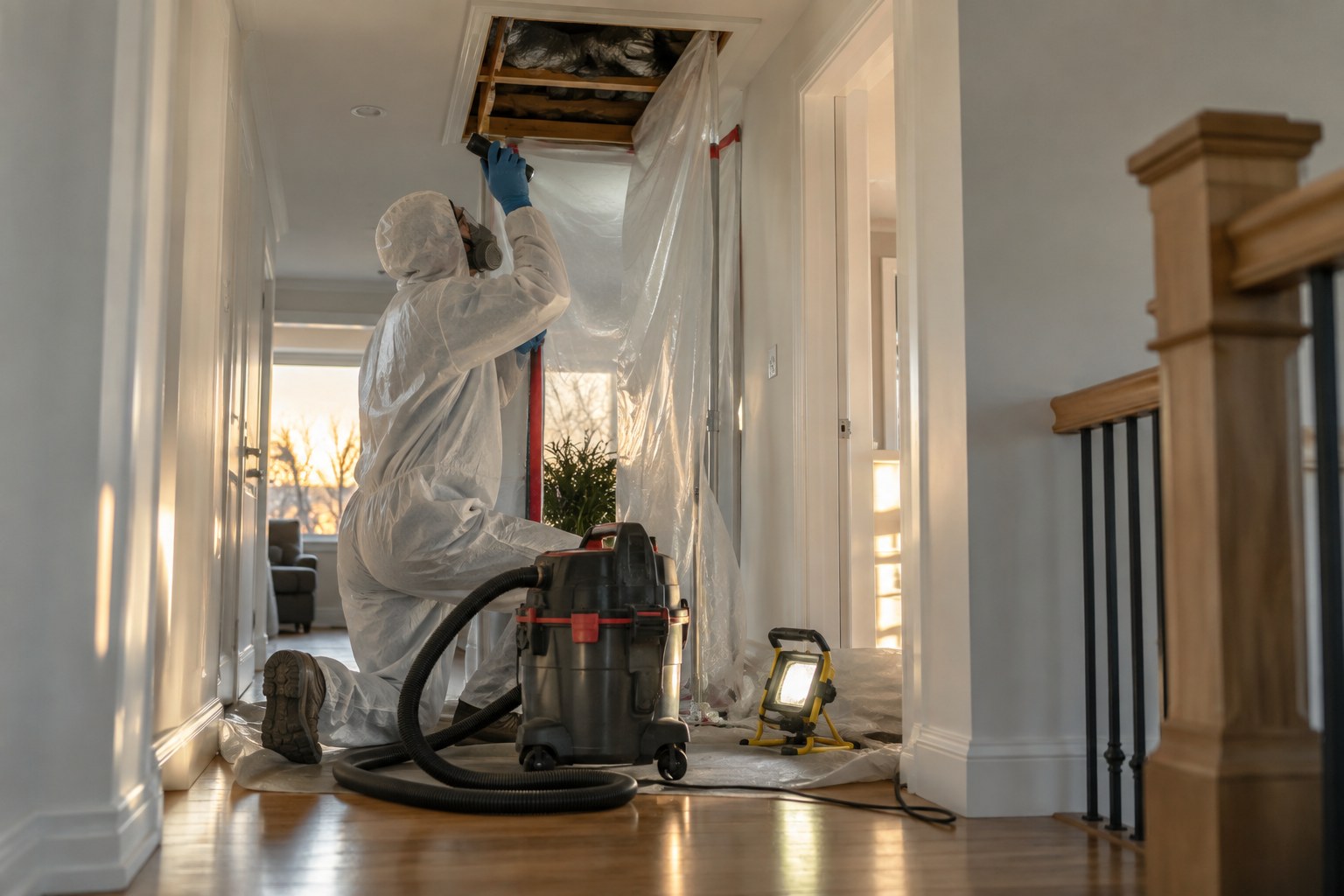 Technicien en combinaison et masque installant un confinement de plastique sous la trappe d'accès de l'entretoit d'une maison.