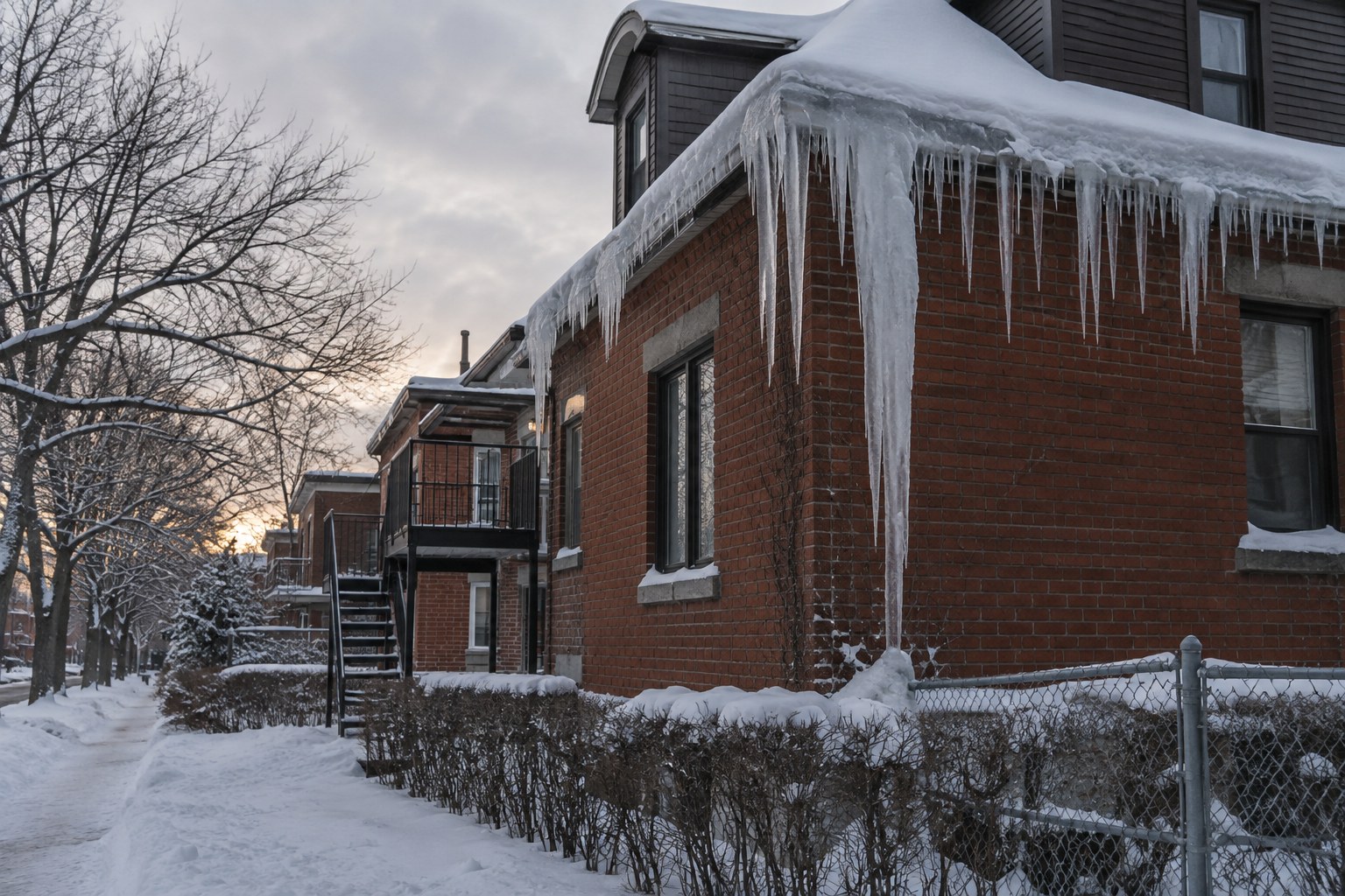 Longs glaçons et bourrelet de glace accrochés au bord du toit d'un duplex montréalais en brique rouge, au-dessus d'un trottoir enneigé.