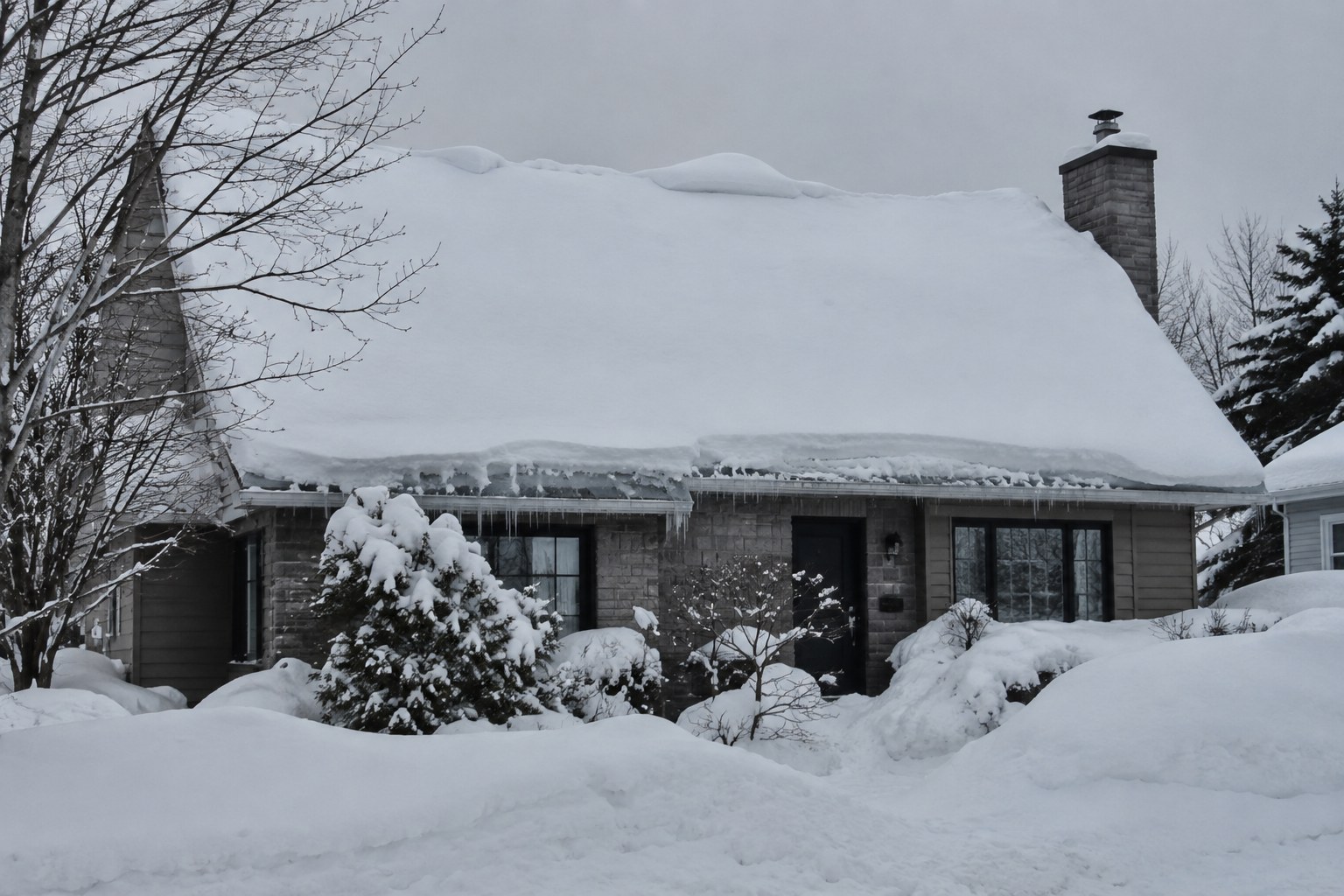 Toit d'une maison québécoise couvert d'une épaisse couche de neige lourde, avec un bourrelet de glace au bord du débord.