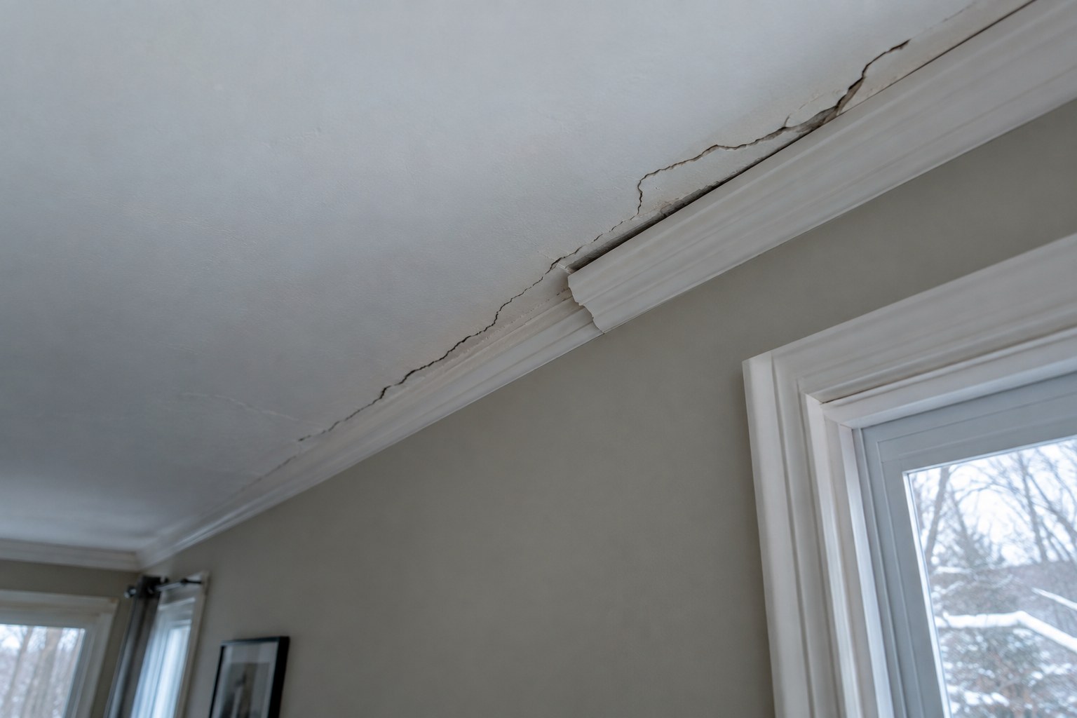 Longue fissure dans le gypse du plafond d'un salon, à la jonction avec le mur, apparue en pleine saison froide.