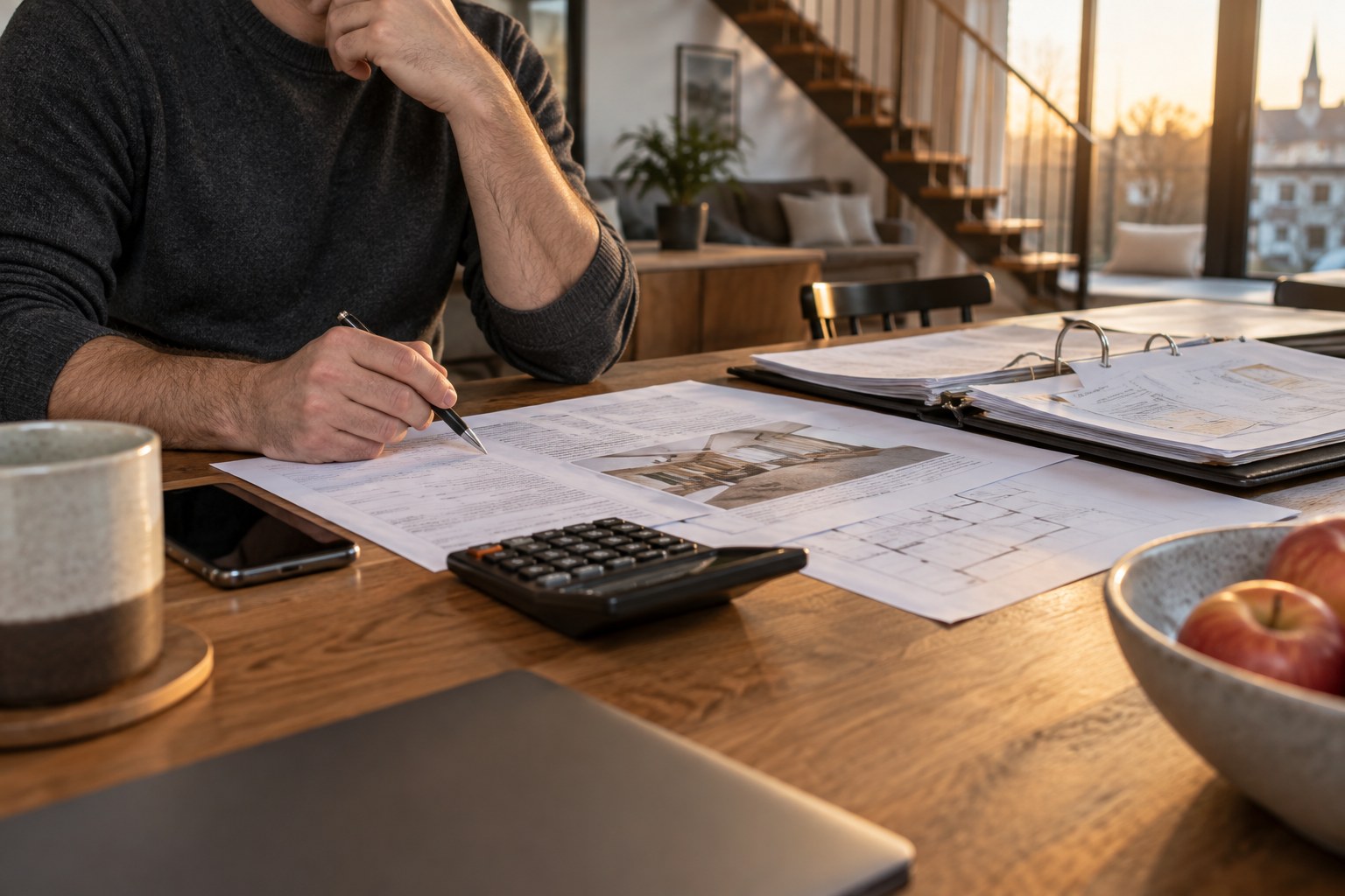 Propriétaire attablé qui relit son contrat de rénovation de toiture, calculatrice et classeur de factures à côté.