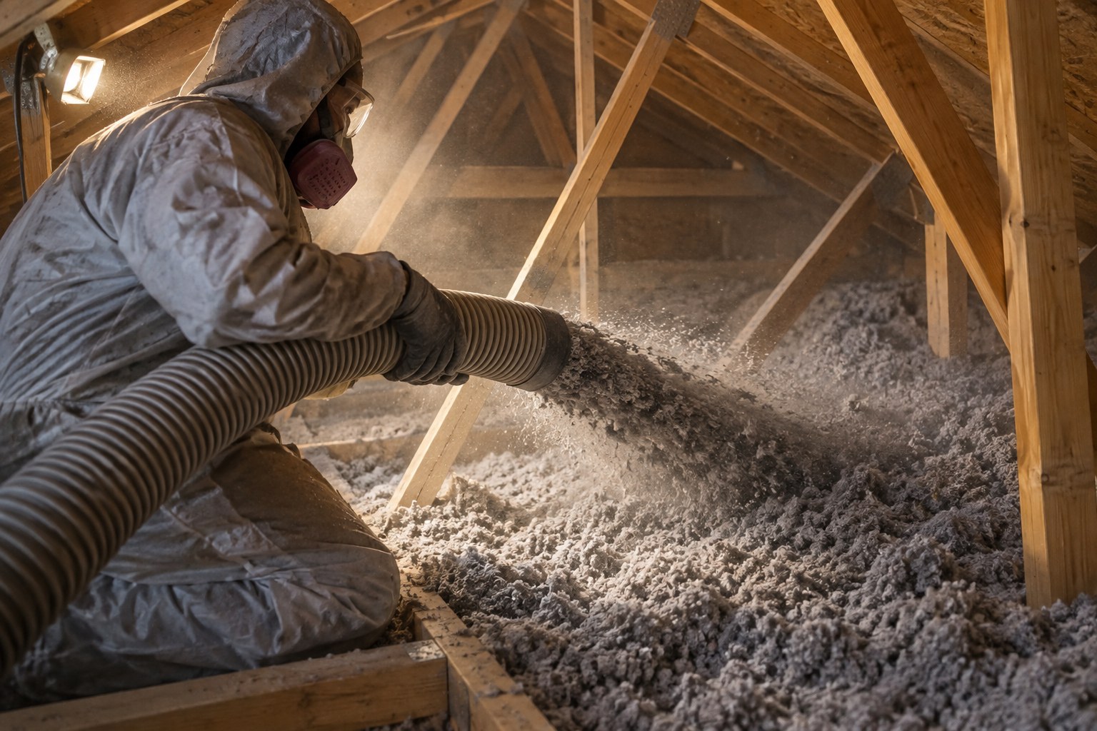 Ouvrier masqué qui souffle de la cellulose dans l'entretoit d'une maison québécoise, entre les fermes de bois.