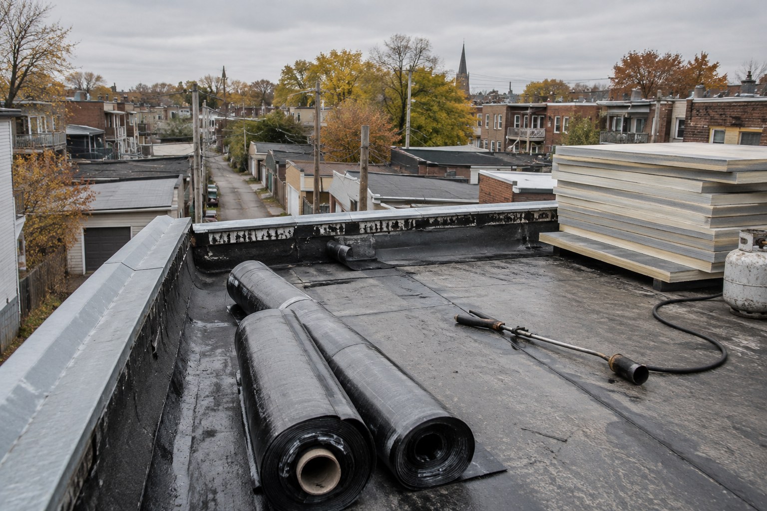 Toit plat de plex montréalais en réfection, avec des rouleaux de membrane élastomère et des panneaux d'isolant rigide.