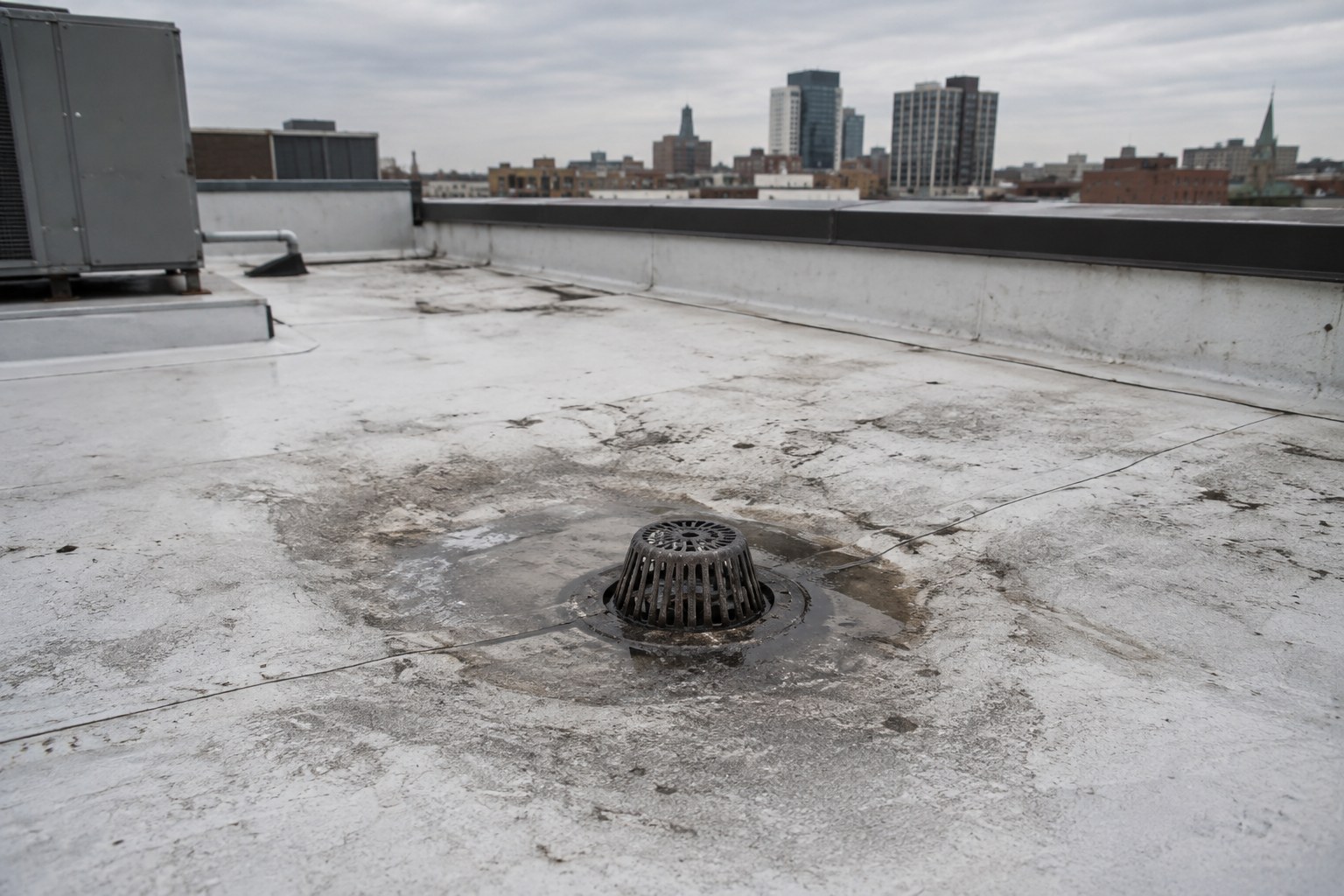 Membrane de toiture blanche salie par la poussière autour d'un drain de toit, avec une flaque d'eau résiduelle.