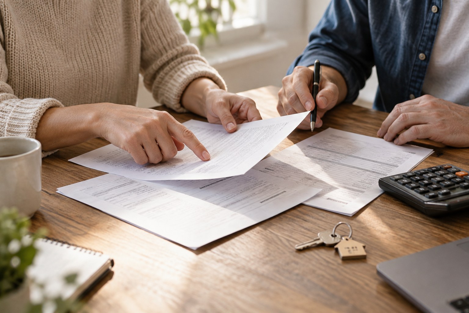 Deux personnes assises à une table relisent des documents de vente et une facture de travaux, clés de maison à côté.