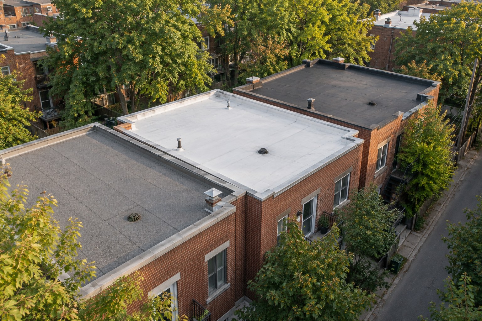 Vue aérienne de trois toits plats de plex montréalais voisins : membrane élastomère granulée grise, membrane blanche thermosoudée et membrane de caoutchouc noire.