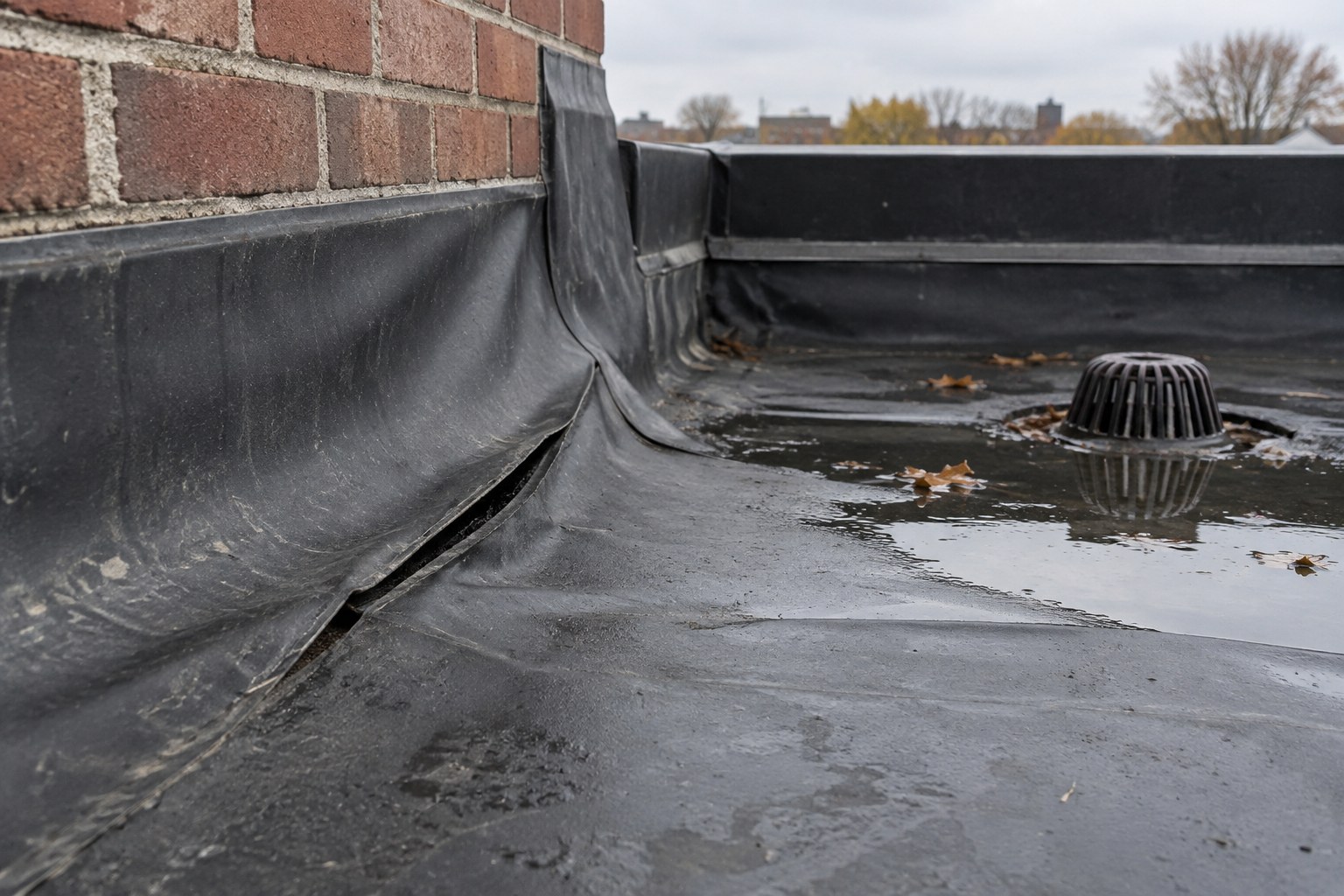 Vieille membrane de caoutchouc noire rétractée qui tire sur le relevé d'un parapet en brique, joint soulevé et flaque près d'un drain de toit.
