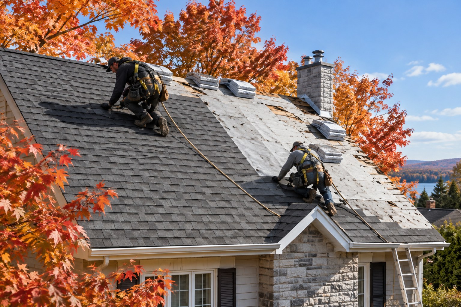 Deux couvreurs harnachés posent des bardeaux d'asphalte neufs sur un cottage québécois, une moitié du toit refaite, sous des érables d'automne.