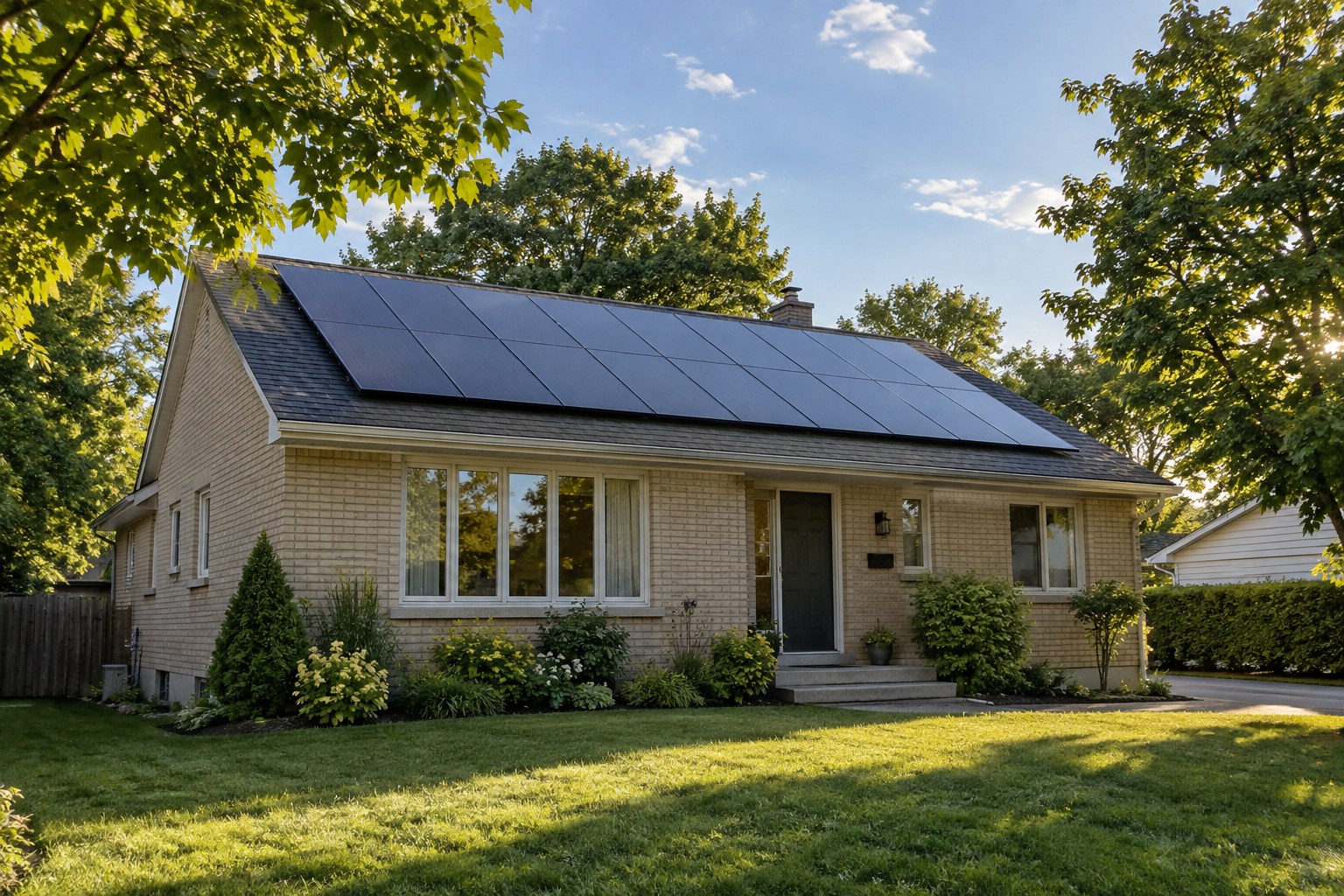 Bungalow de brique beige avec une vingtaine de panneaux solaires noirs sur le versant sud d'un toit de bardeaux, entouré d'érables en été.